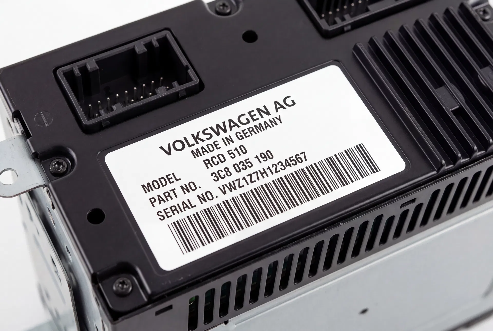Serial number label on the back of a Volkswagen radio unit