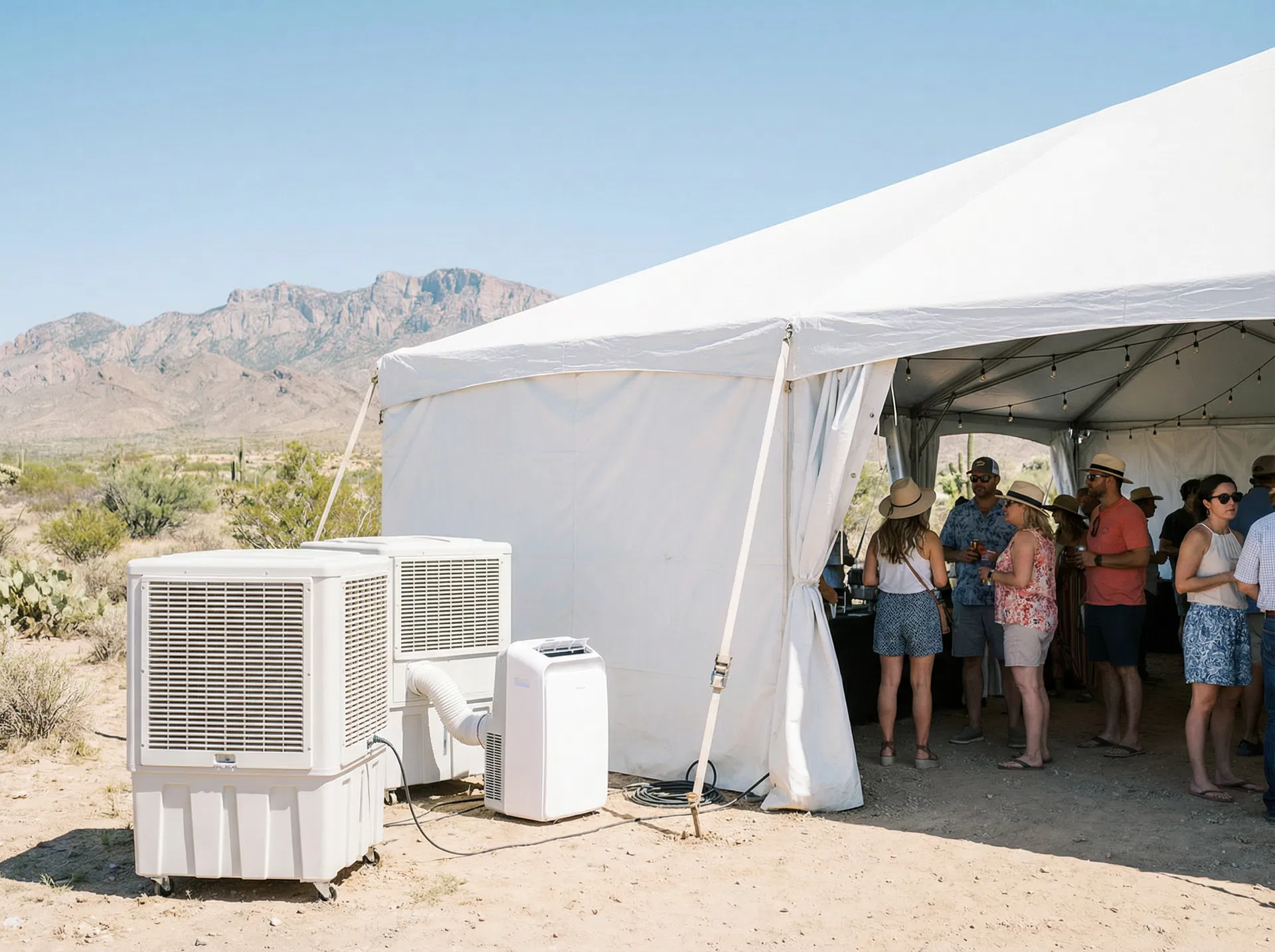 Portable evaporative swamp cooler and portable air conditioning unit set up outside a large white party tent at an outdoor event in El Paso, TX desert with Franklin Mountains in background — Sweet & Sassy Creations AC rental