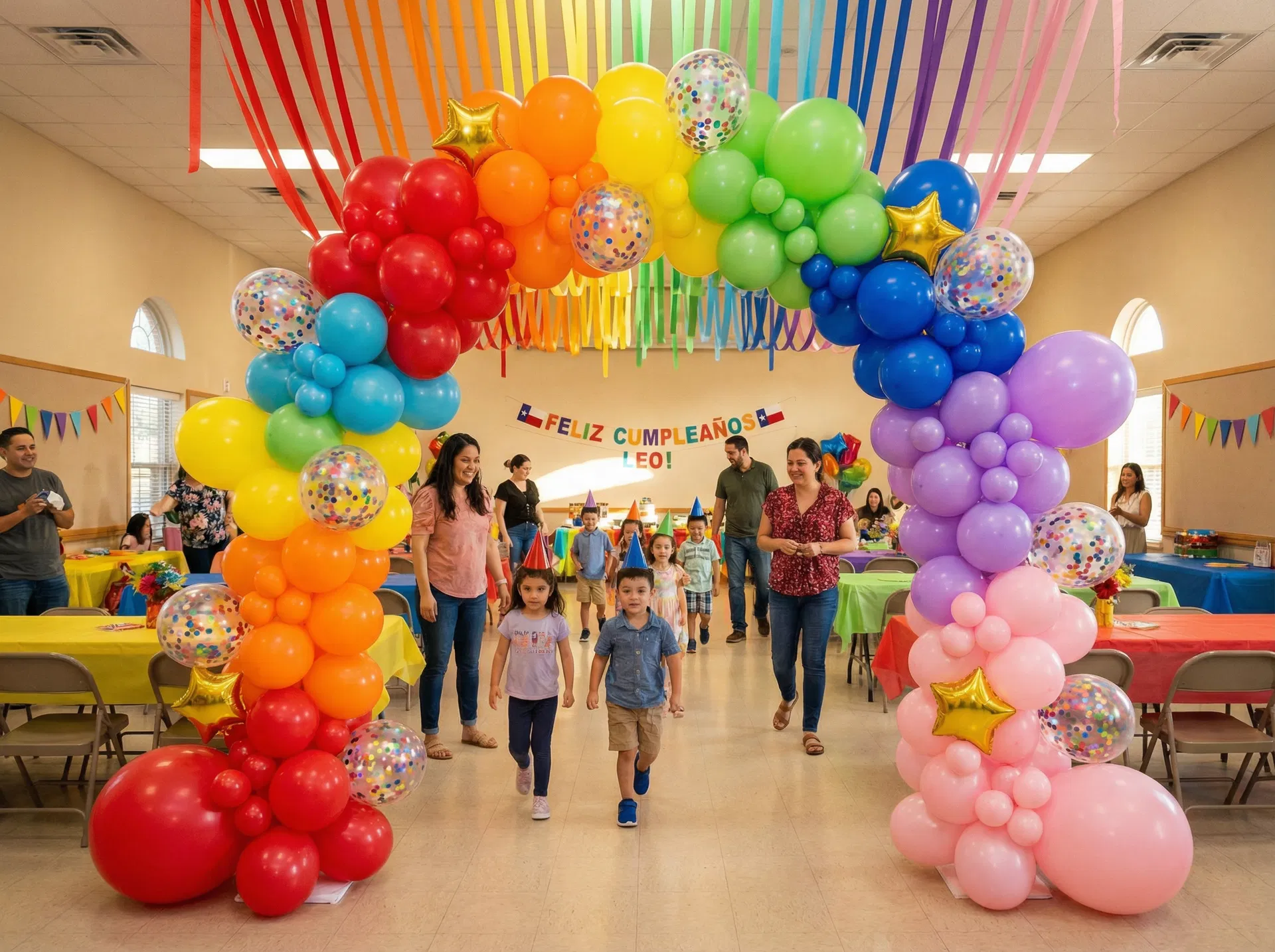 Vibrant rainbow organic balloon arch with red, orange, yellow, green, blue, and purple balloons at a children's birthday party in El Paso, TX — Sweet & Sassy Creations balloon decorations