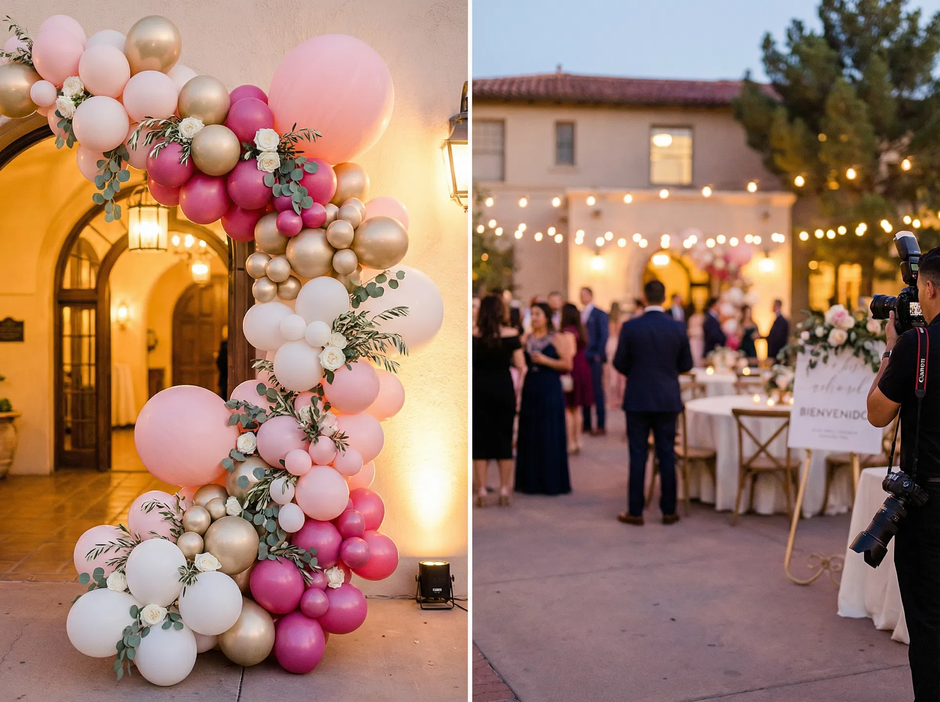 Stunning organic balloon garland arch in blush pink, hot pink, champagne gold, and white with eucalyptus and white roses at a quinceañera venue entrance in El Paso, TX — Sweet & Sassy Creations