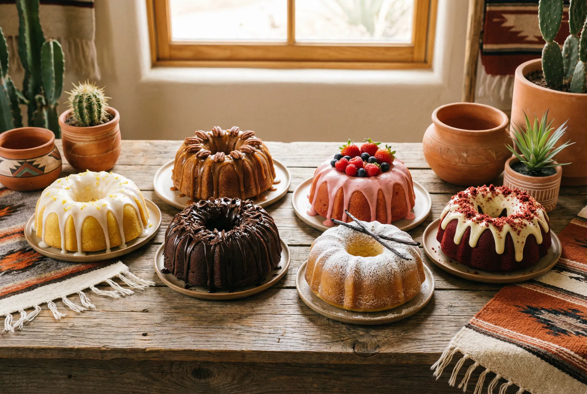 Six homemade individual bundt cakes in lemon, chocolate, strawberry, and red velvet flavors at a Sweet & Sassy Party Planner birthday party in Sunland Park near El Paso TX