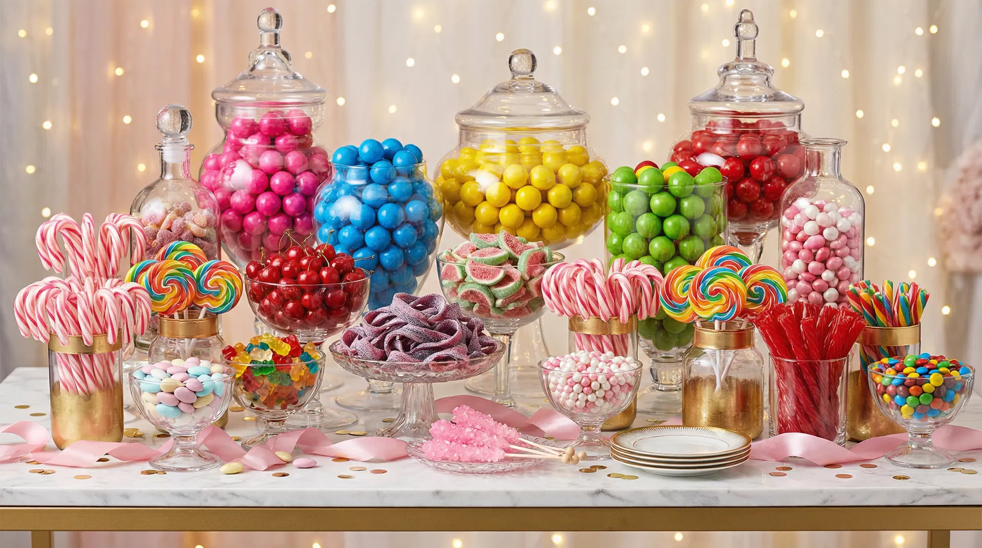 Magical Willy Wonka candy bar with giant rainbow gumballs and lollipops at a birthday party in Horizon City near El Paso TX