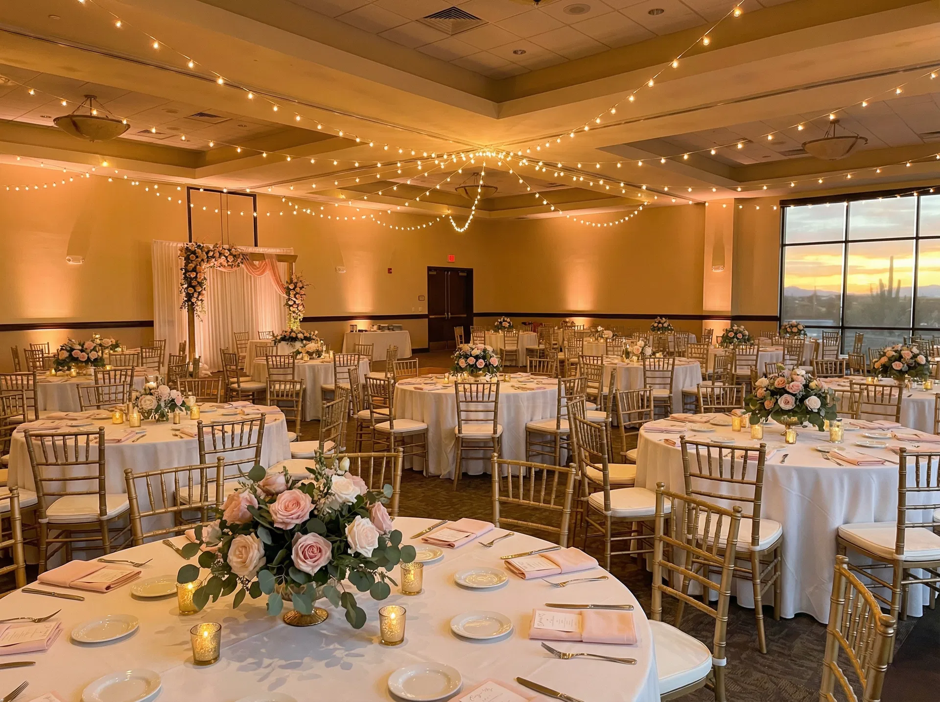Elegant gold chiavari chairs with white cushions and round tables with white linen tablecloths set up for a quinceañera or wedding reception in El Paso, TX — Sweet & Sassy Creations chairs and tables rental