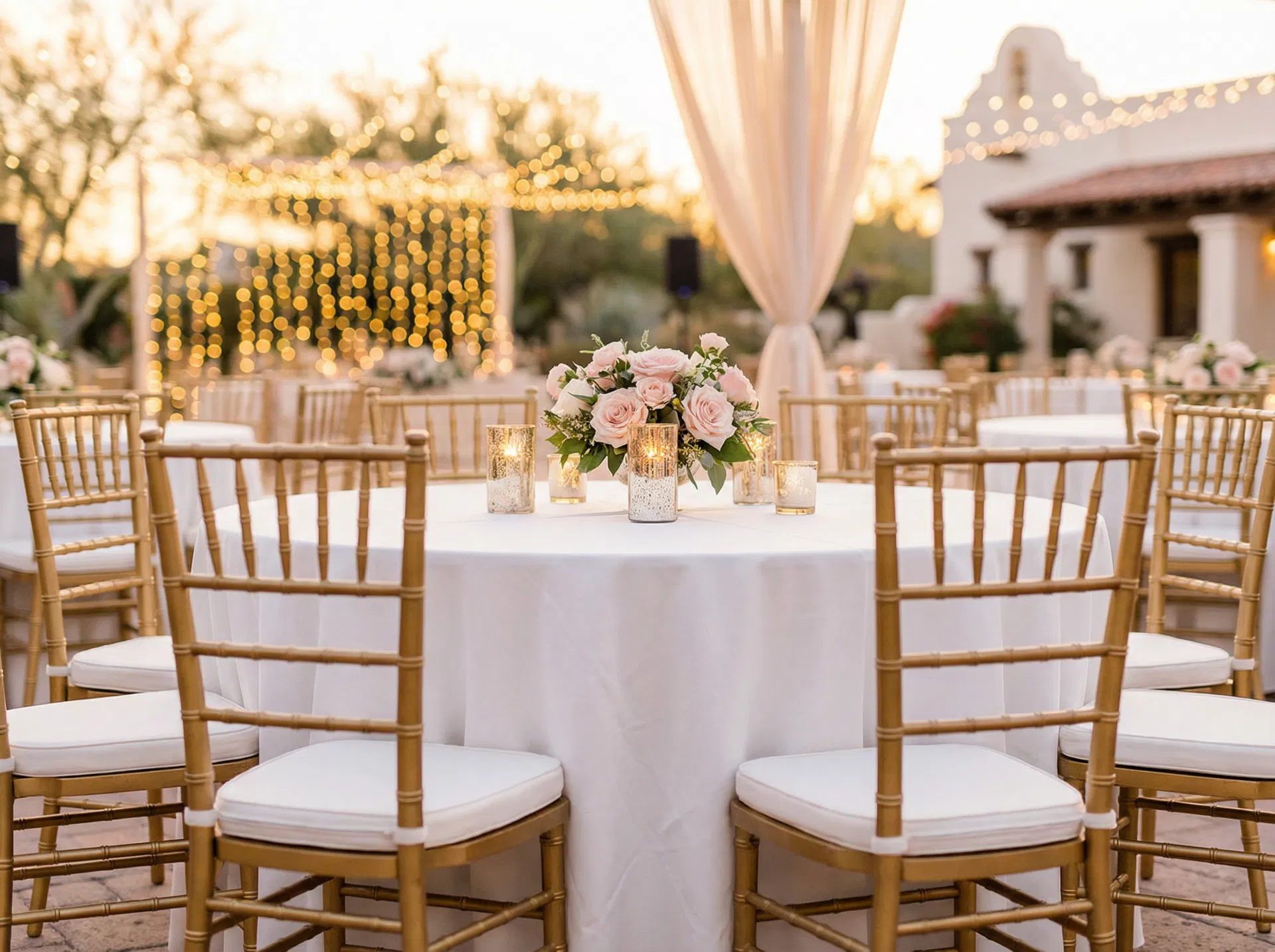 Close-up of elegant gold chiavari chairs with white cushions around a round table with white linen and pink rose centerpiece at an outdoor quinceañera in El Paso, TX — Sweet & Sassy Creations