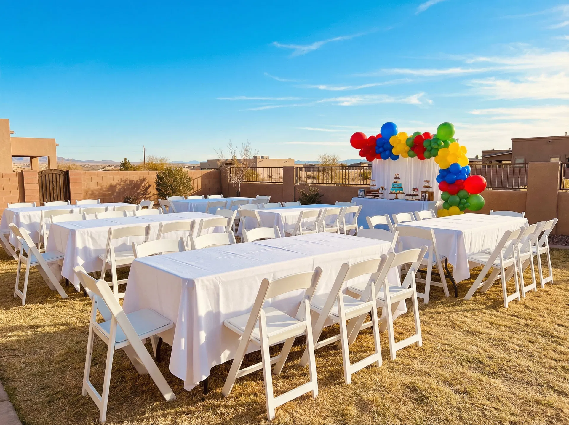 White folding chairs and rectangular tables with white tablecloths set up for an outdoor birthday party in El Paso, TX with colorful balloon decorations — Sweet & Sassy Creations party furniture rental