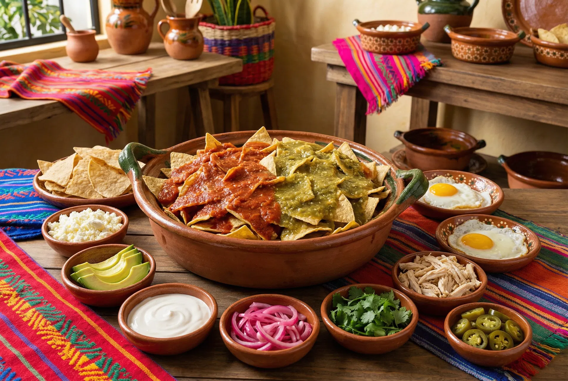 Vibrant homemade chilaquiles bar with crispy tortilla chips in red and green salsa at a Sweet & Sassy Party Planner brunch event near El Paso International Airport, El Paso TX