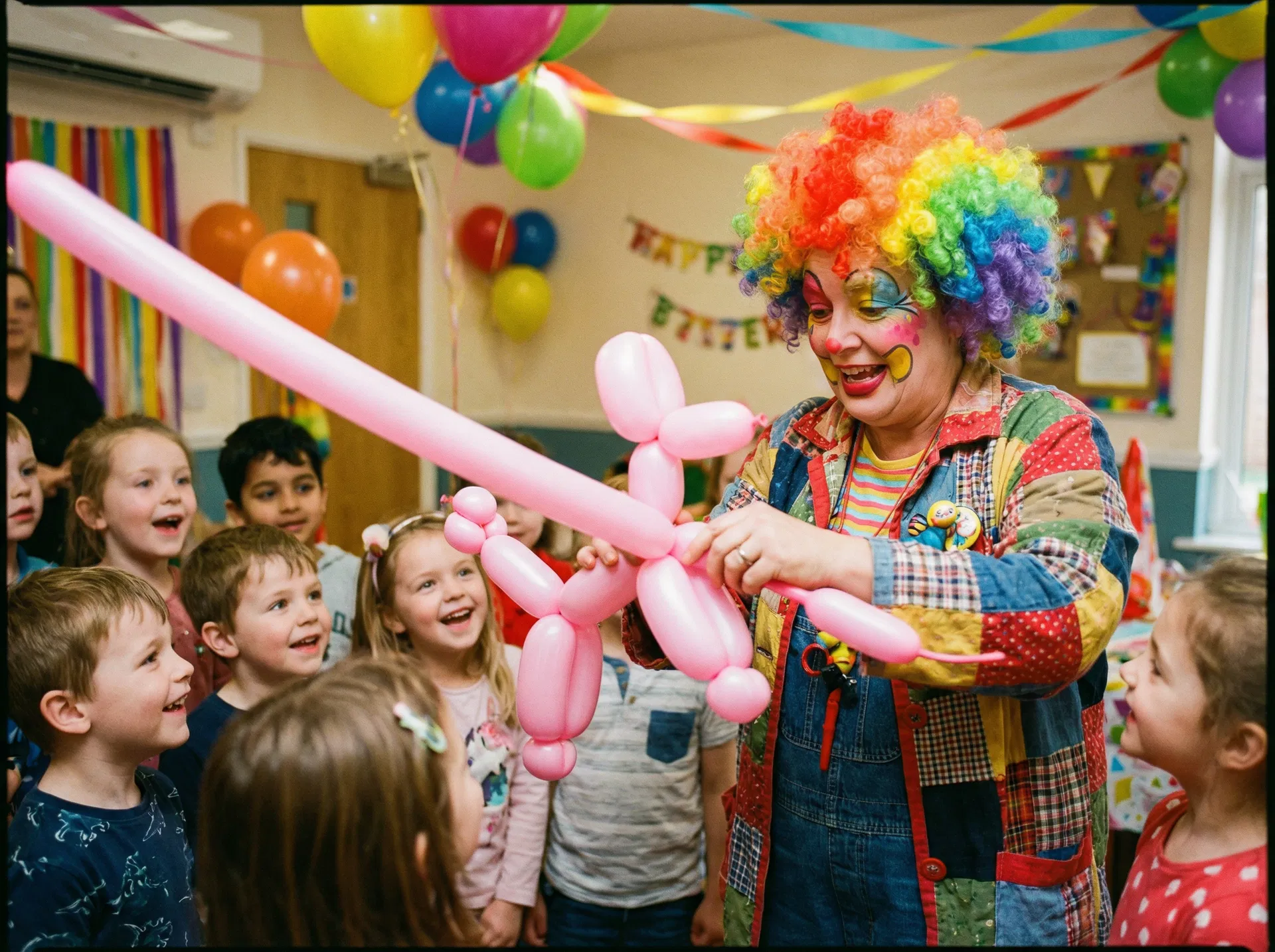 Sweet & Sassy Party Planner clown with rainbow wig creating an elaborate pink balloon poodle at a quinceañera in Northeast El Paso TX near UTEP