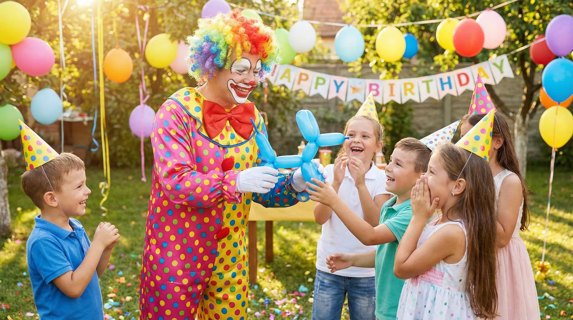 A cheerful Sweet & Sassy Party Planner clown in a polka-dot costume performing balloon animals for laughing children at a birthday party in Sunland Park near El Paso TX