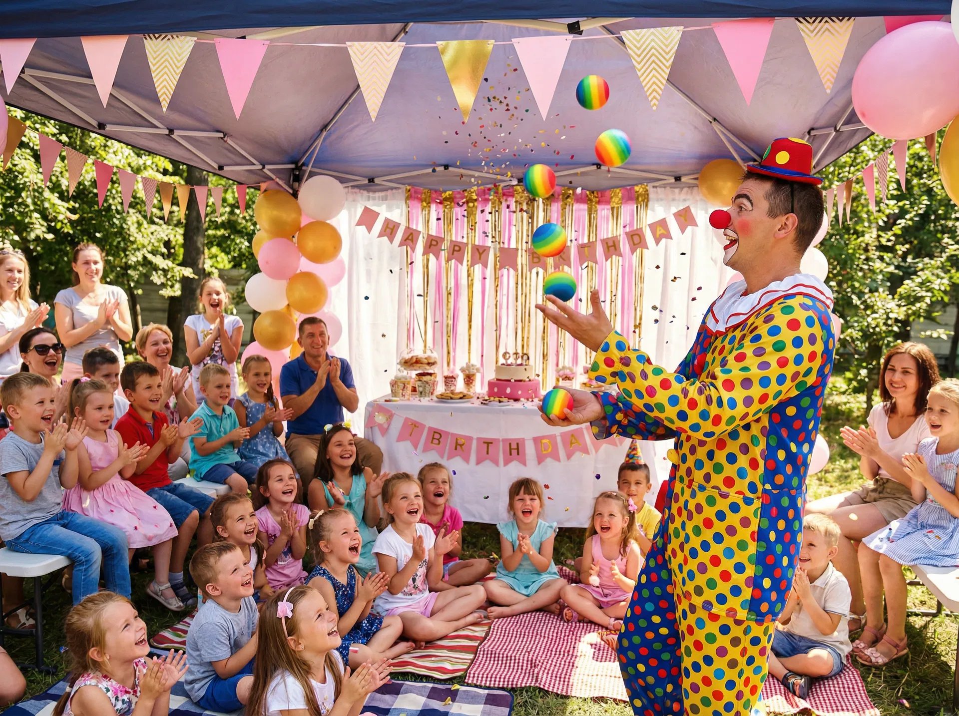 Sweet & Sassy Party Planner clown performing a juggling show at a corporate family event in Downtown El Paso TX while children and parents laugh enthusiastically