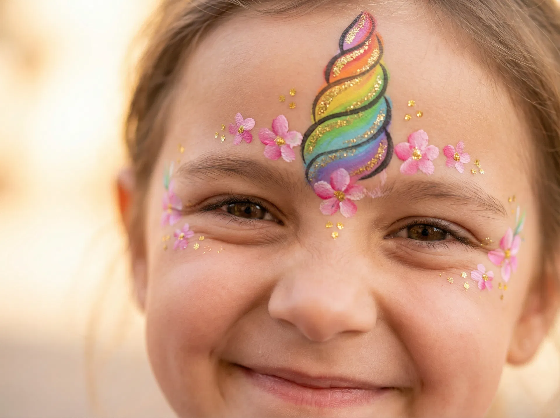 Close-up of a child's face with an intricate unicorn horn face paint design by Sweet & Sassy Party Planner at a birthday party in Westside El Paso TX