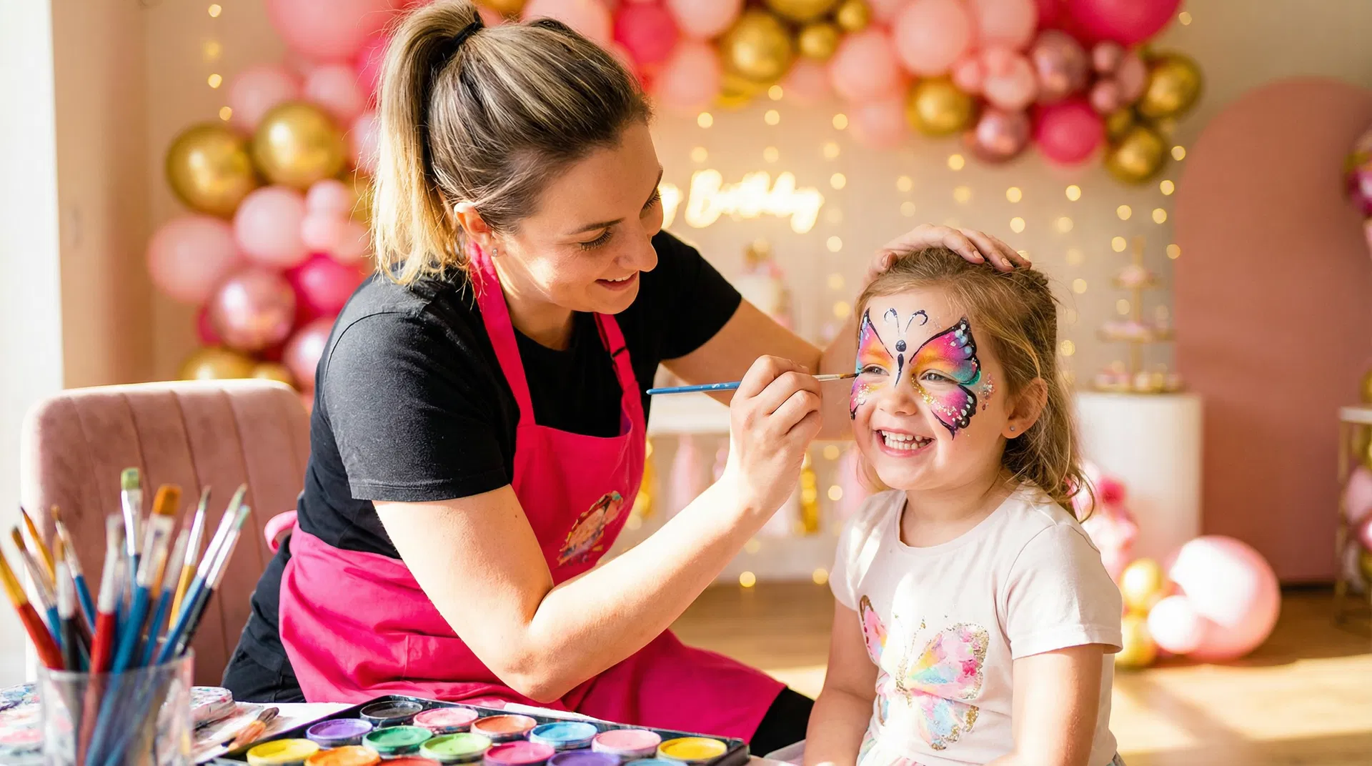 Professional Sweet & Sassy Party Planner face painter applying a colorful butterfly design on a child's face at a birthday party near El Paso International Airport, El Paso TX
