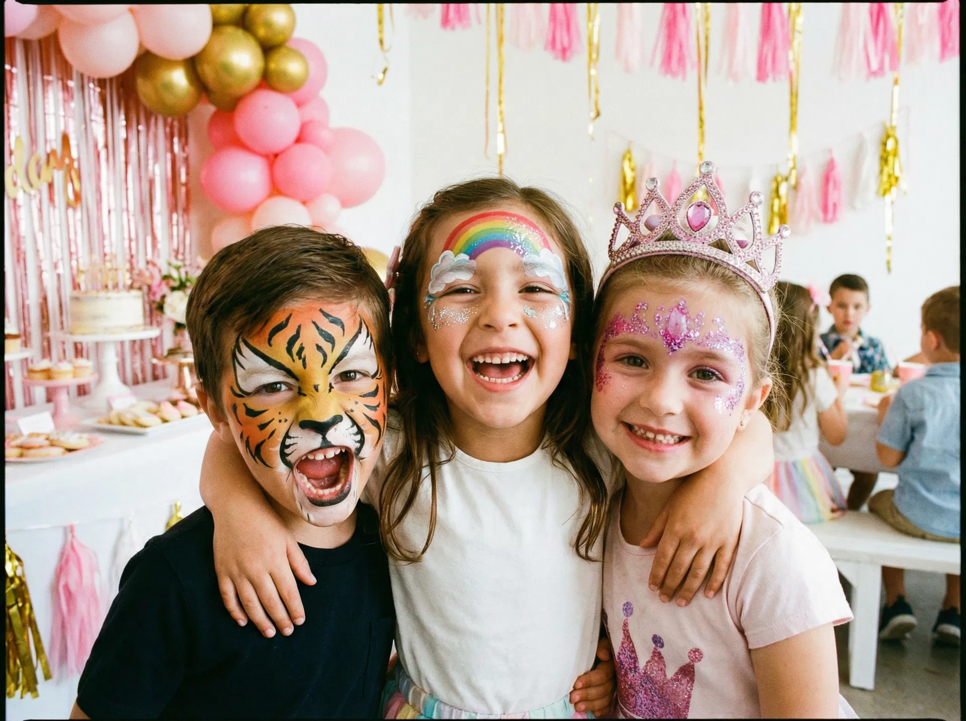 Three happy children at a Sweet & Sassy Party Planner event near UTEP El Paso TX showing off face painting designs — tiger stripes, rainbow clouds, and a sparkly princess crown