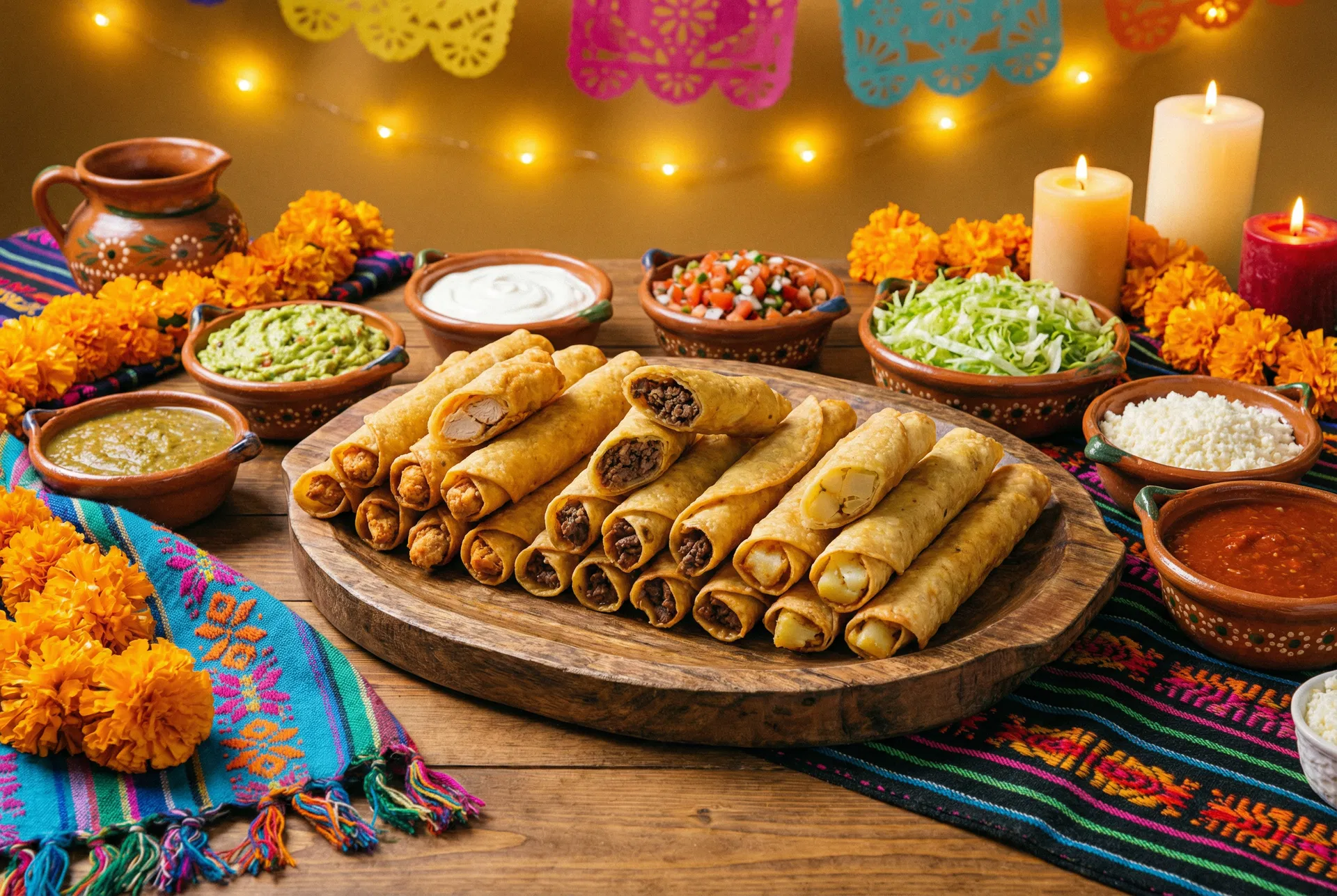 Golden crispy homemade flautas on a wooden platter with guacamole and salsas at a Sweet & Sassy Party Planner quinceañera in Northeast El Paso TX near UTEP