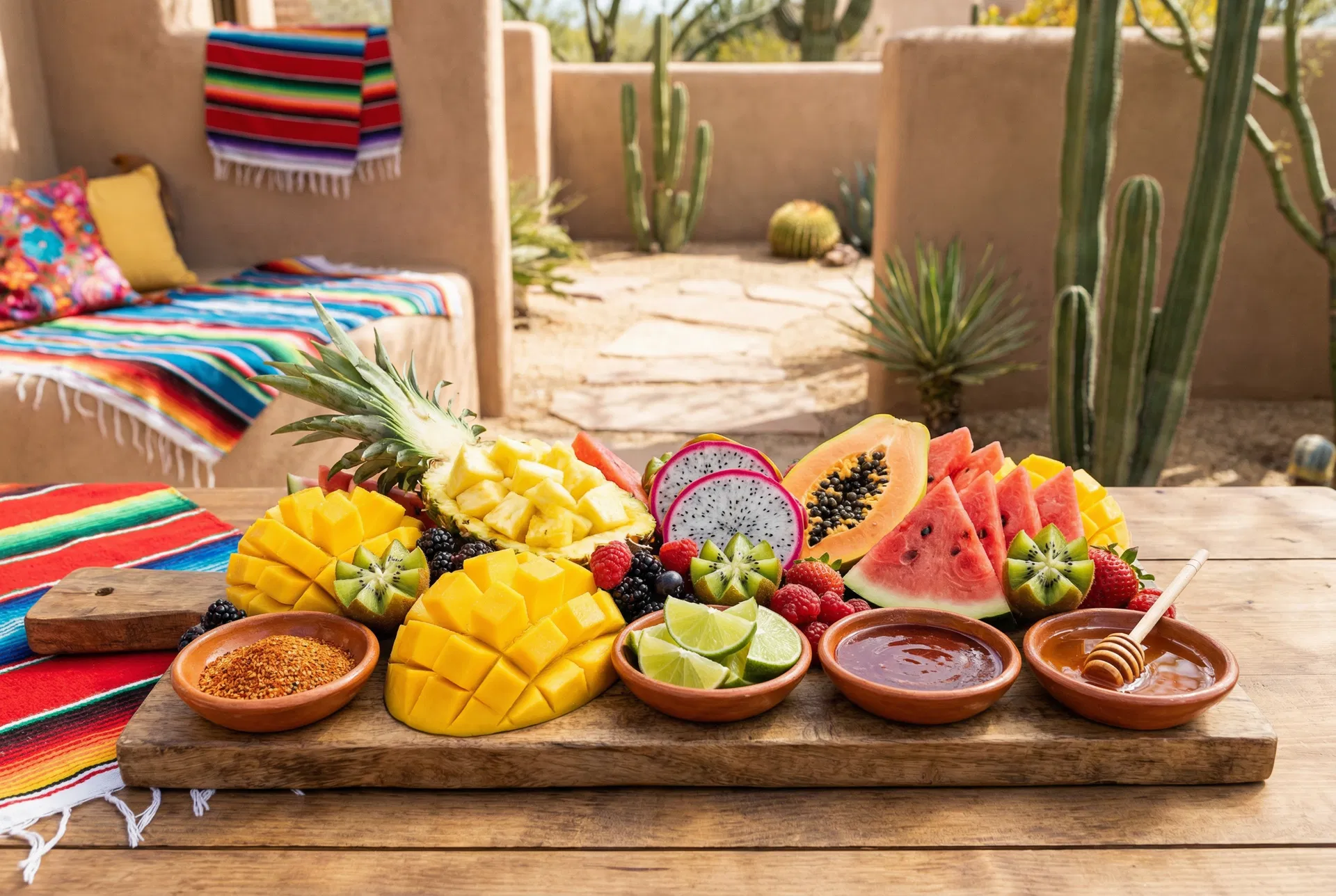 Fresh tropical fruit bar with mango, pineapple, and watermelon with Tajin at a Sweet & Sassy Party Planner summer party in East El Paso TX