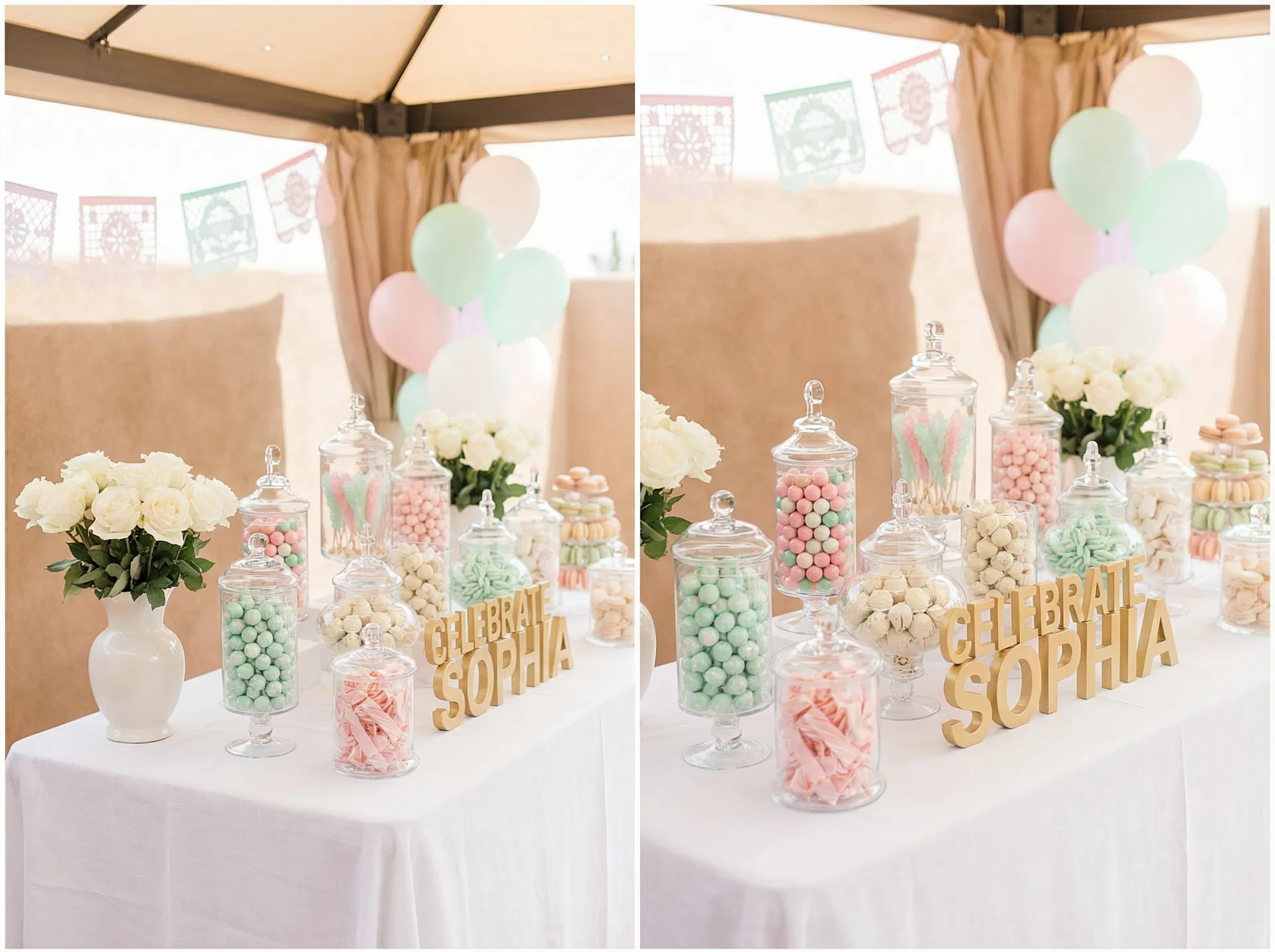 Pastel candy bar display at a birthday party in Northeast El Paso TX near UTEP with glass jars and macarons by Sweet & Sassy Party Planner