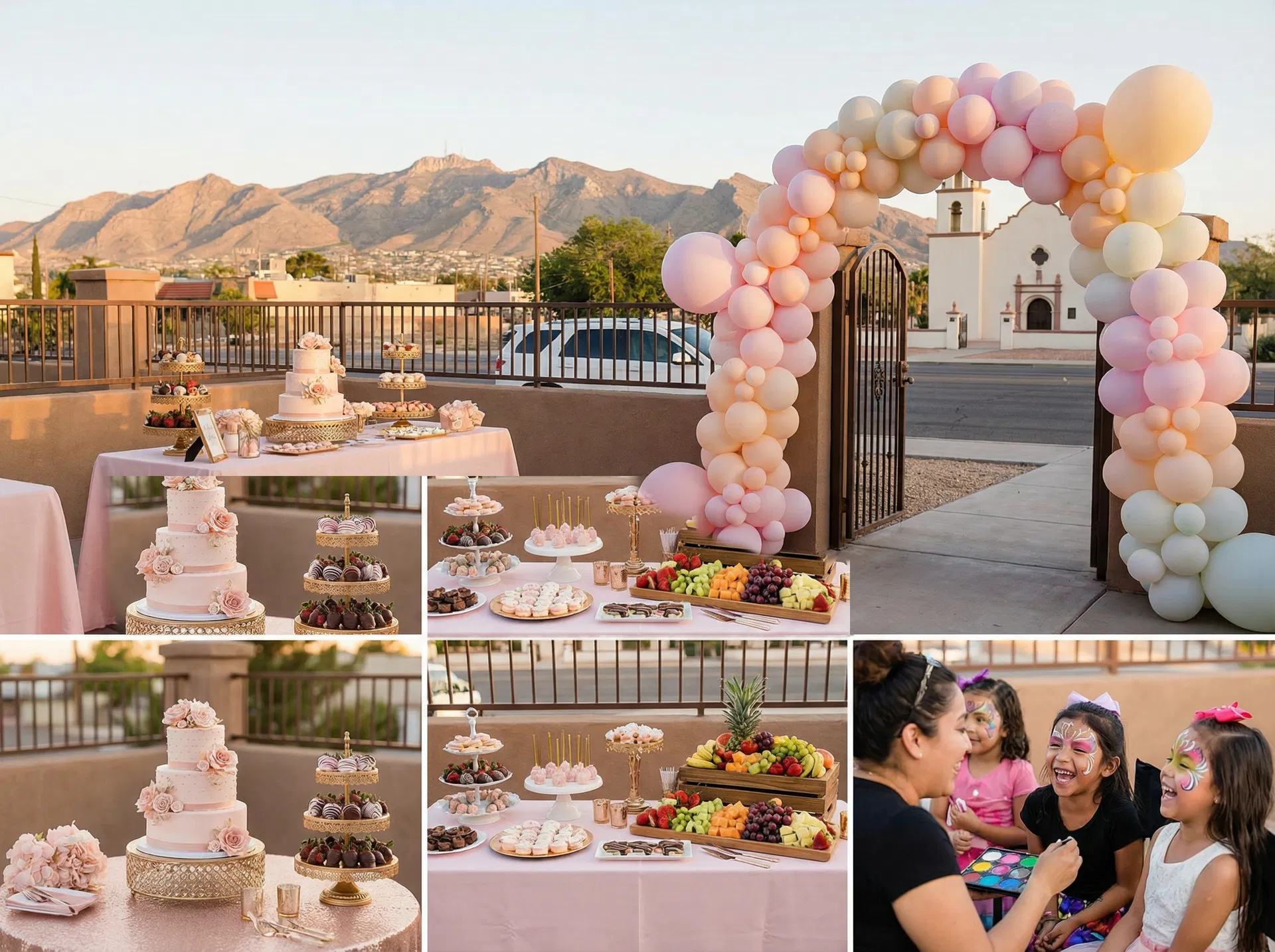 Beautiful outdoor party near the Franklin Mountains El Paso TX with balloon arch, dessert table, and face painting station by Sweet & Sassy Party Planner