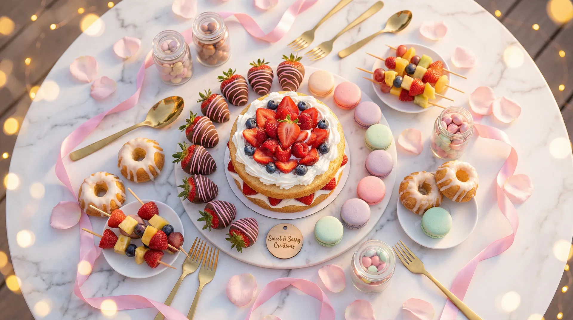 Elegant dessert table spread at a Sweet & Sassy Party Planner quinceañera near UTEP El Paso TX with strawberry shortcake, macarons, and floral decorations