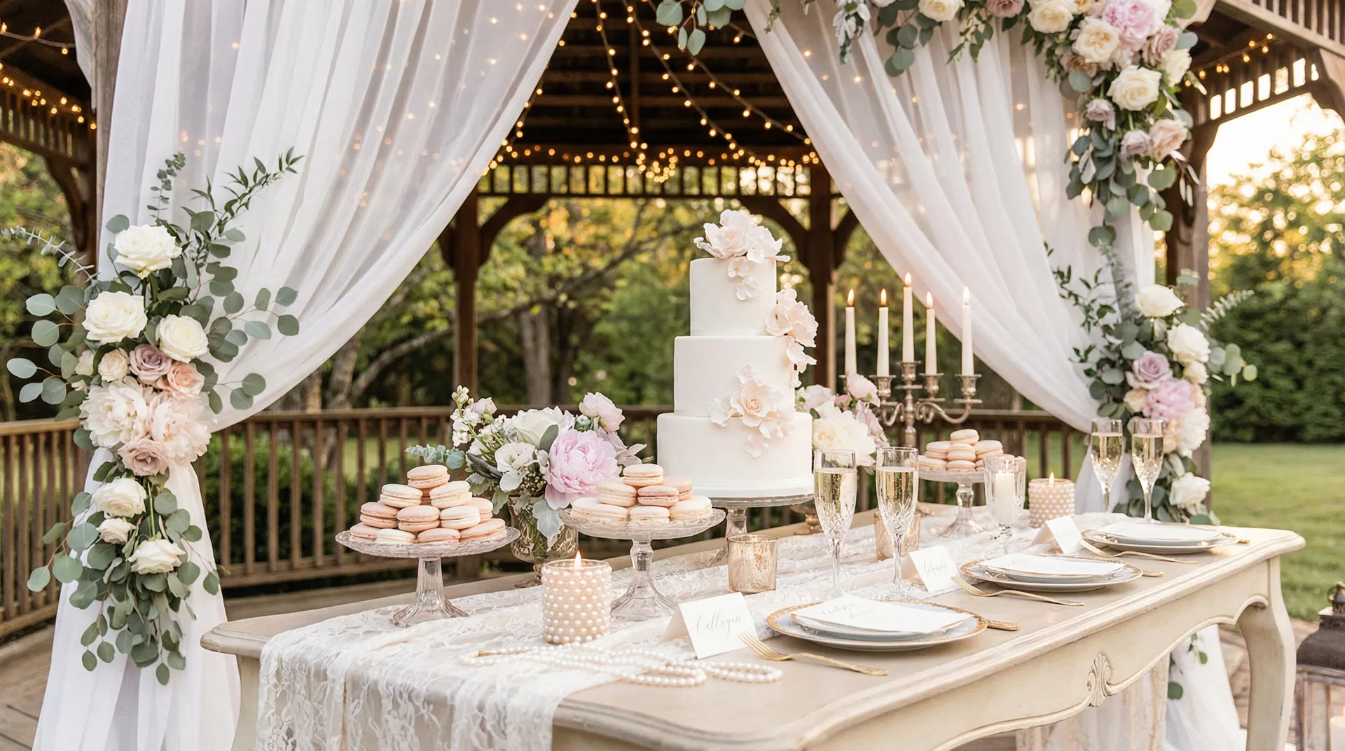 Elegant wedding-style dessert table with blush roses, macarons, champagne, and white wedding cake styled by Sweet & Sassy Party Planner El Paso Texas