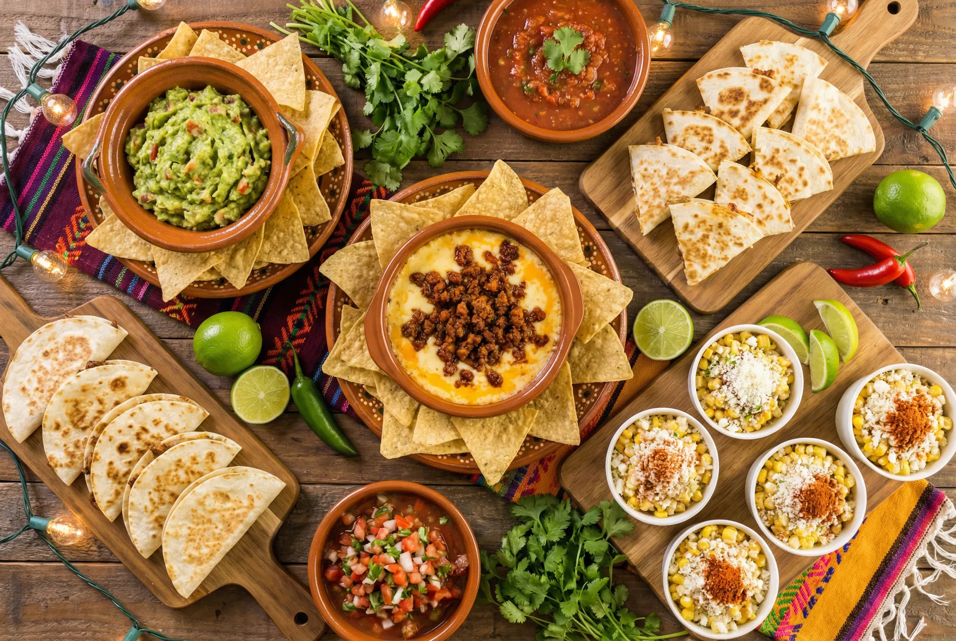 Festive party snack bar with homemade guacamole, queso fundido, and elote cups at a Sweet & Sassy Party Planner birthday bash in Horizon City near El Paso TX