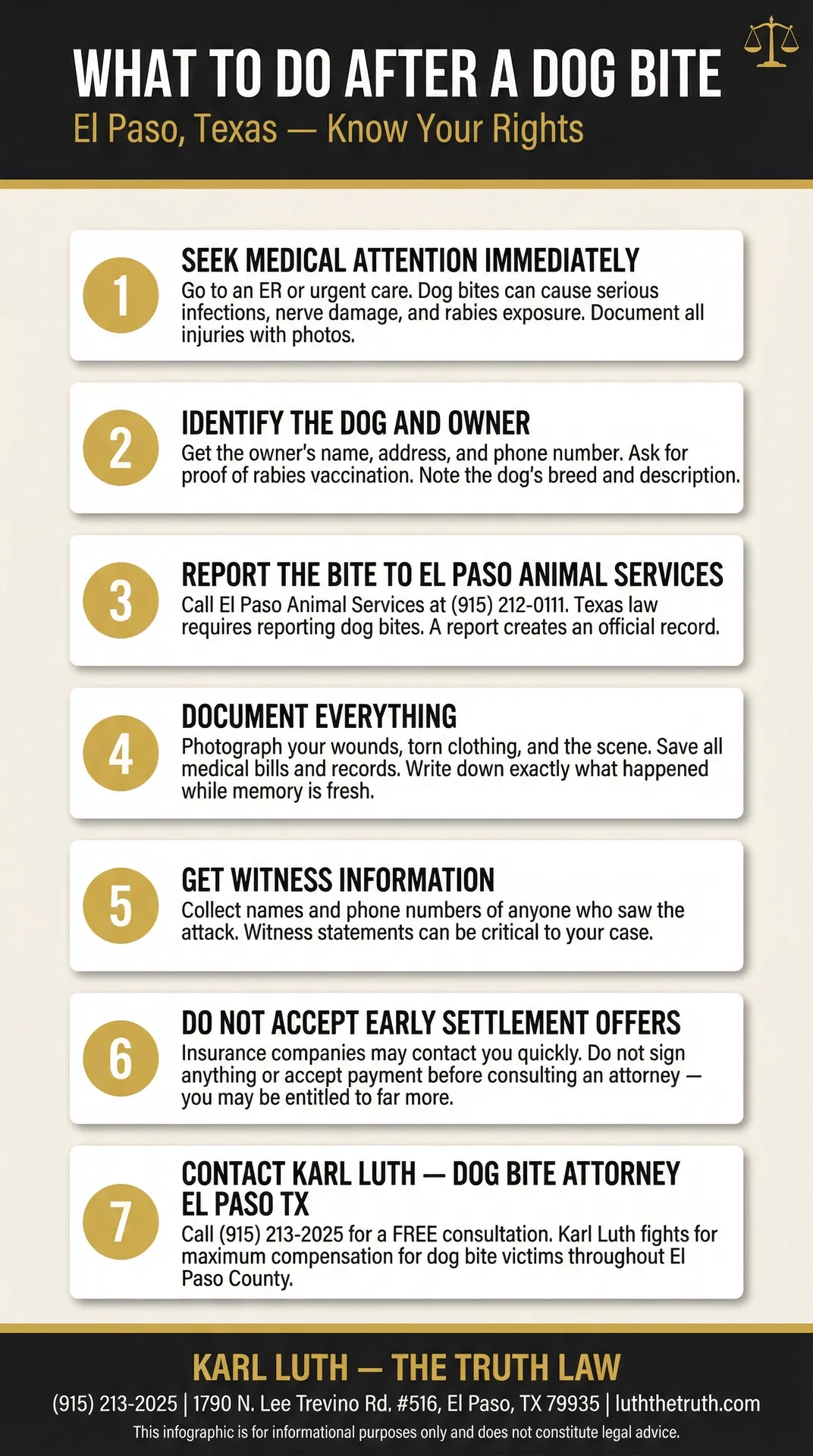 Infographic: What To Do After a Dog Bite in El Paso TX — 7 steps including seek medical attention, report to El Paso Animal Services, document injuries, and contact dog bite attorney Karl Luth at (915) 213-2025