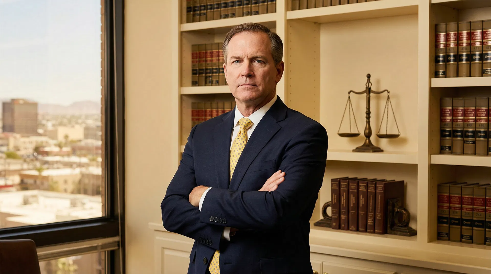 Karl Luth, personal injury attorney in El Paso Texas, standing confidently in his law office with scales of justice visible, ready to fight for injury victims