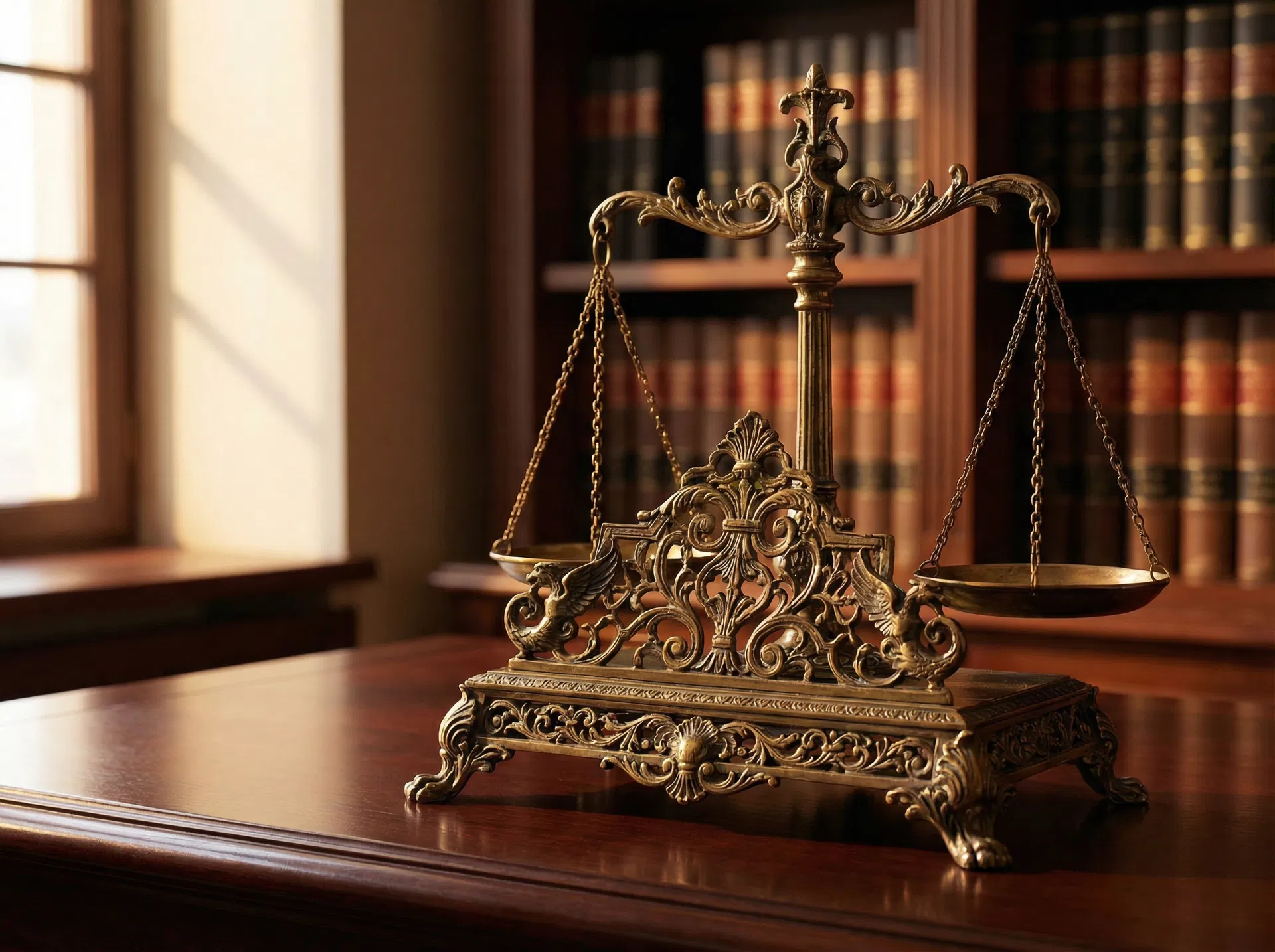 Ornate golden scales of justice on a mahogany desk in Karl Luth's El Paso law office β symbolizing the balanced and fair legal representation provided to personal injury clients