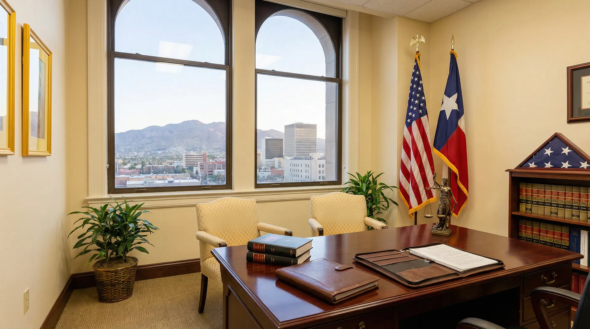 Karl Luth's law office in El Paso Texas featuring American and Texas flags, law books, and a mahogany desk with a view of the Franklin Mountains β the office of a trusted personal injury attorney