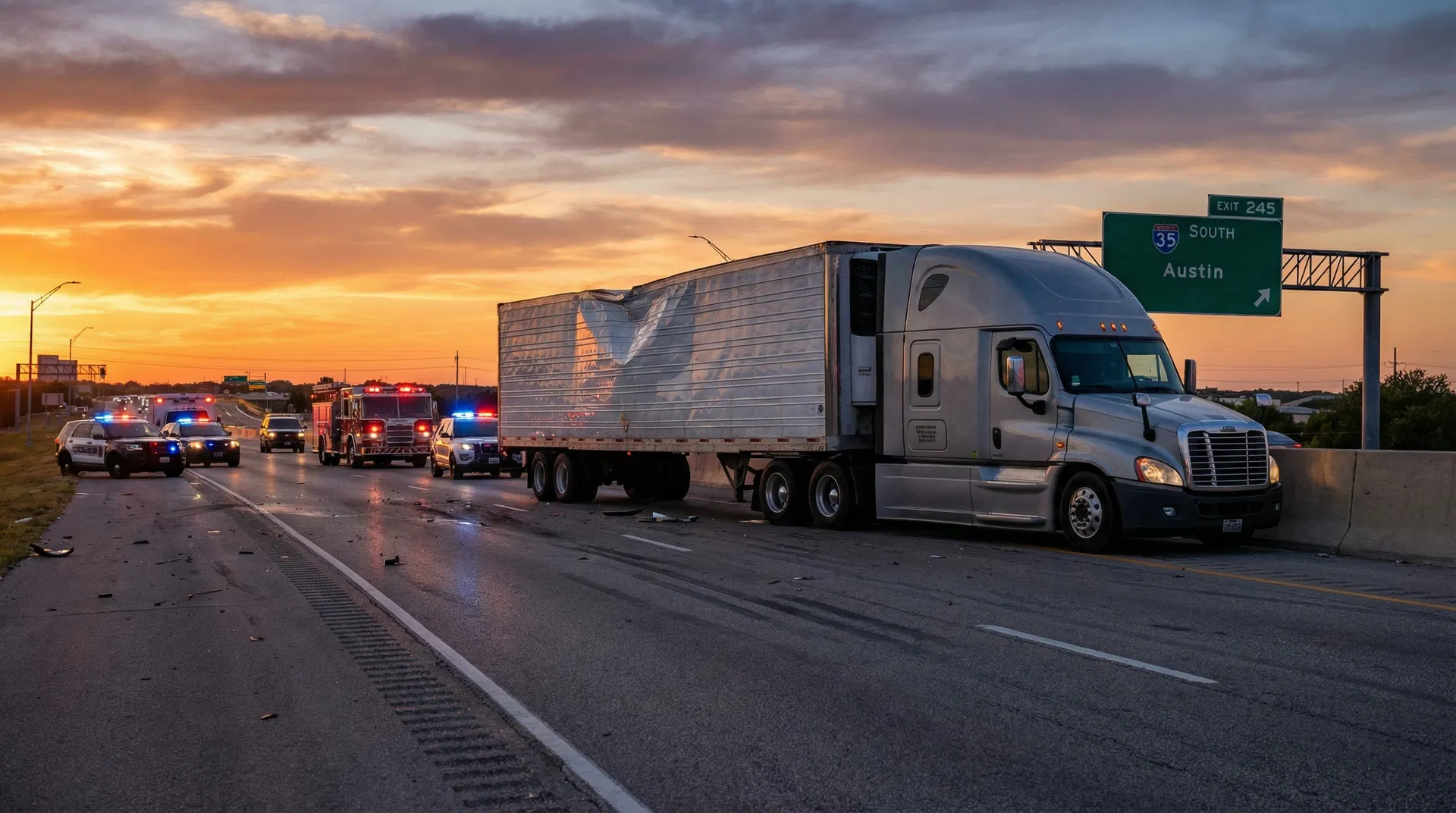 Large 18 wheeler semi truck accident on a Texas interstate highway at sunset — showing the catastrophic scale of big rig accidents handled by El Paso attorney Karl Luth
