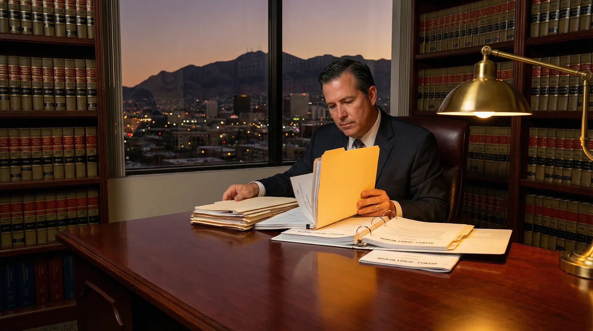 Assault with a deadly weapon defense attorney El Paso Texas reviewing case files in law office with Franklin Mountains view — Aaronson Law Firm