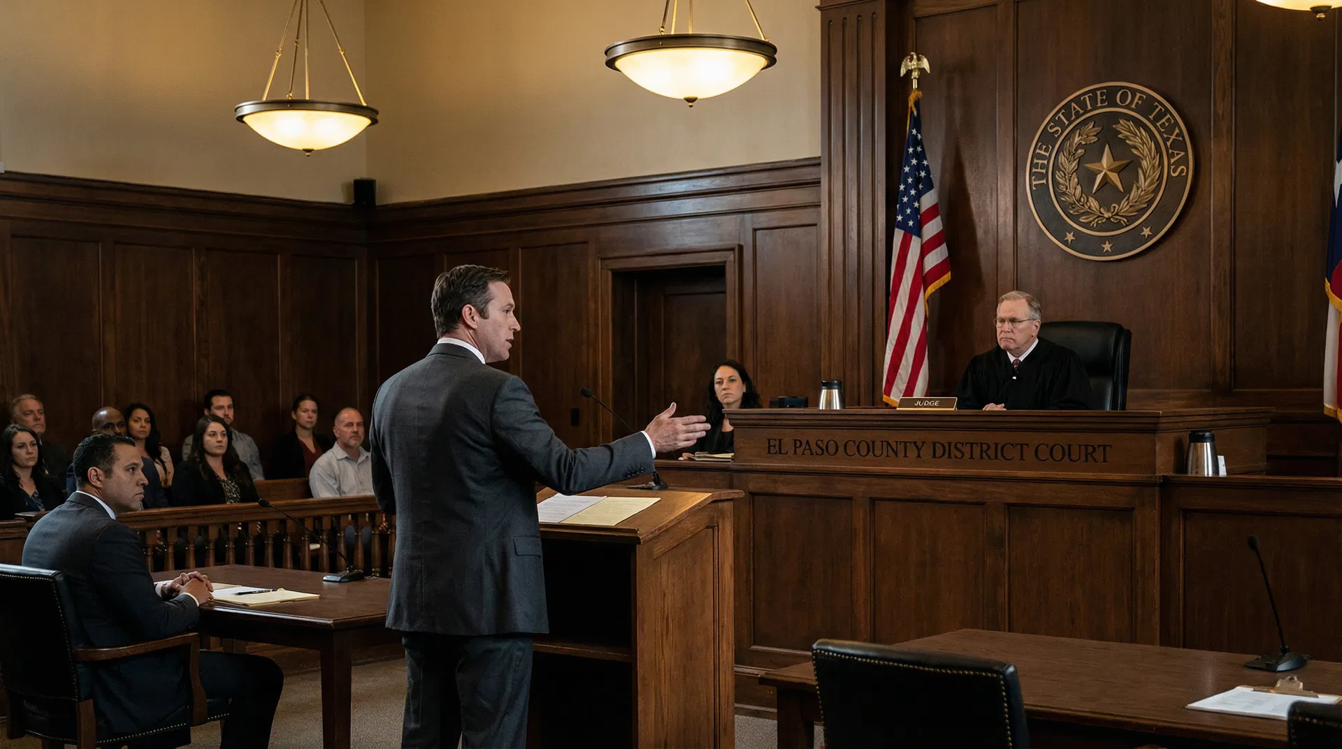 El Paso County District Court during felony assault with deadly weapon hearing — defense attorney arguing before judge with Texas state seal
