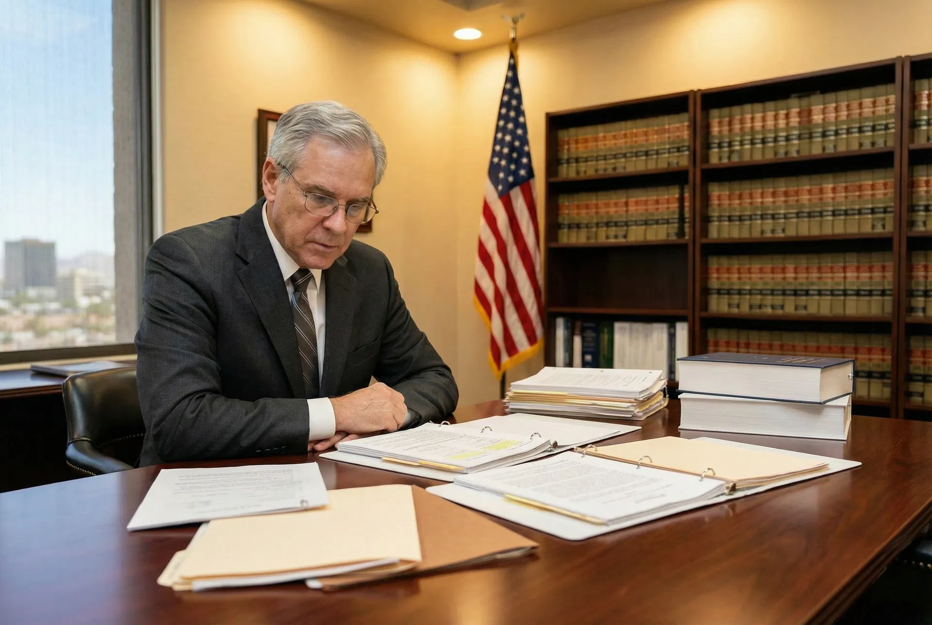 Drug possession defense lawyer El Paso Texas reviewing case evidence in law office