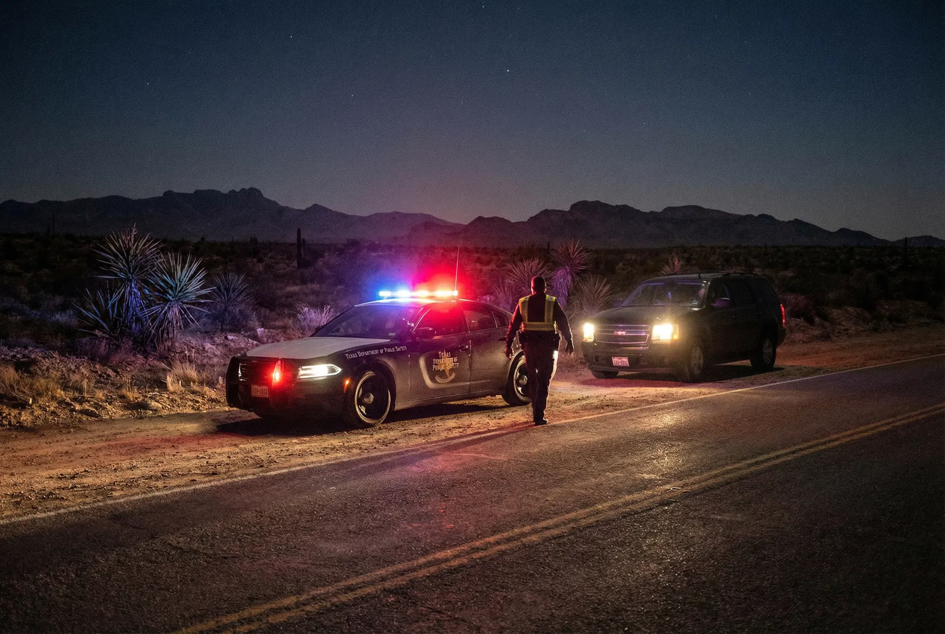 DWI arrest scene El Paso Texas highway at night with police lights and patrol car
