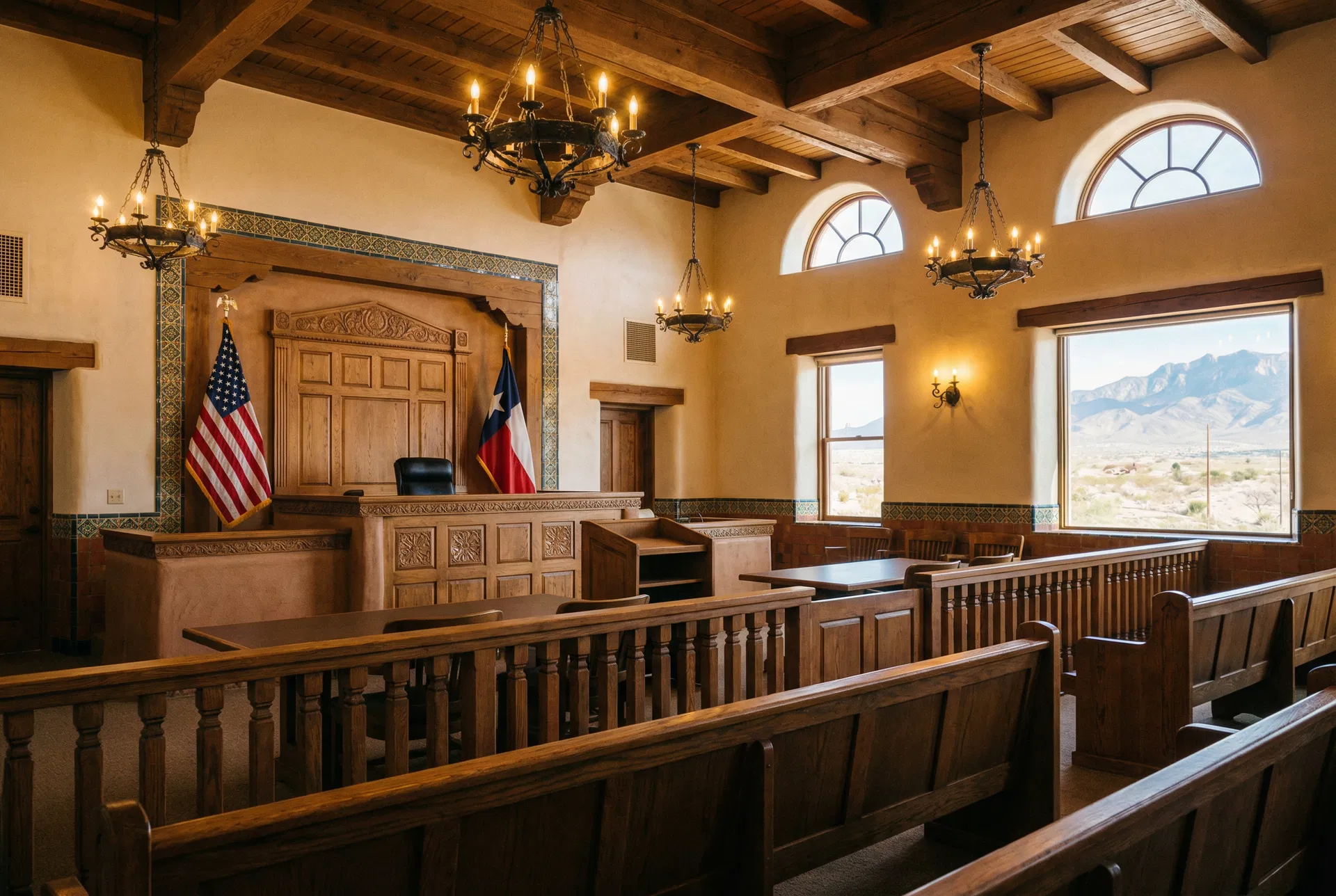 El Paso Texas courtroom interior with American and Texas state flags — criminal defense court
