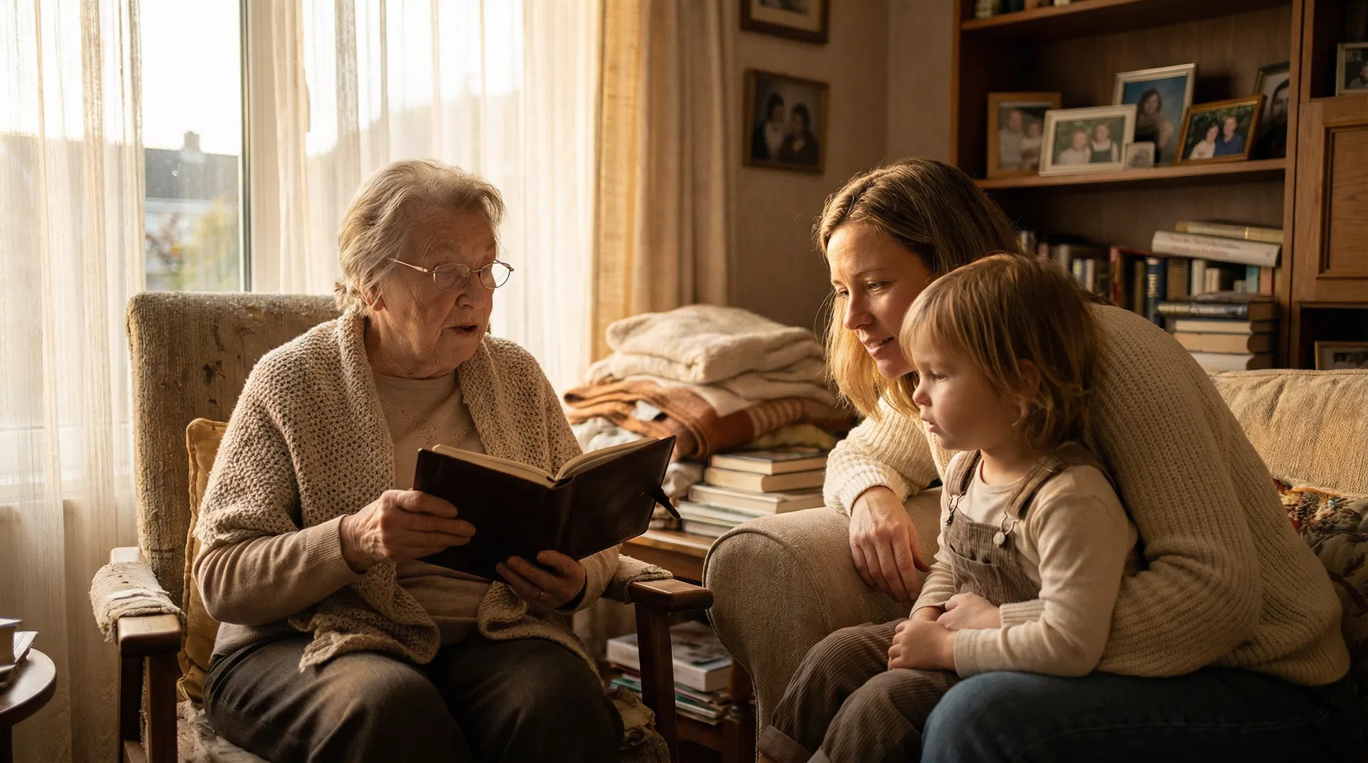 Grandmother sharing stories with family