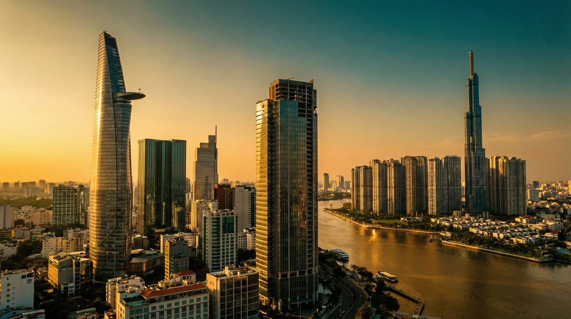 Ho Chi Minh City business district at golden hour