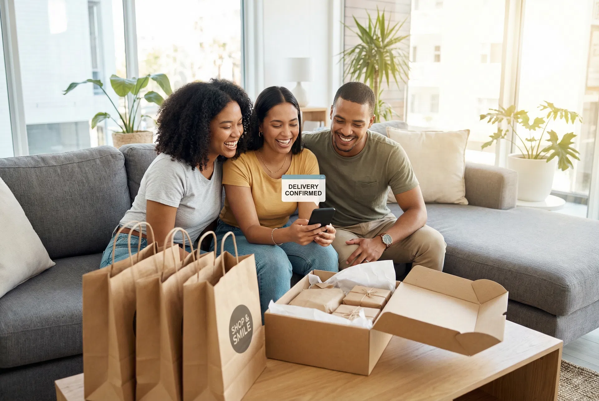 Happy customers with their delivery