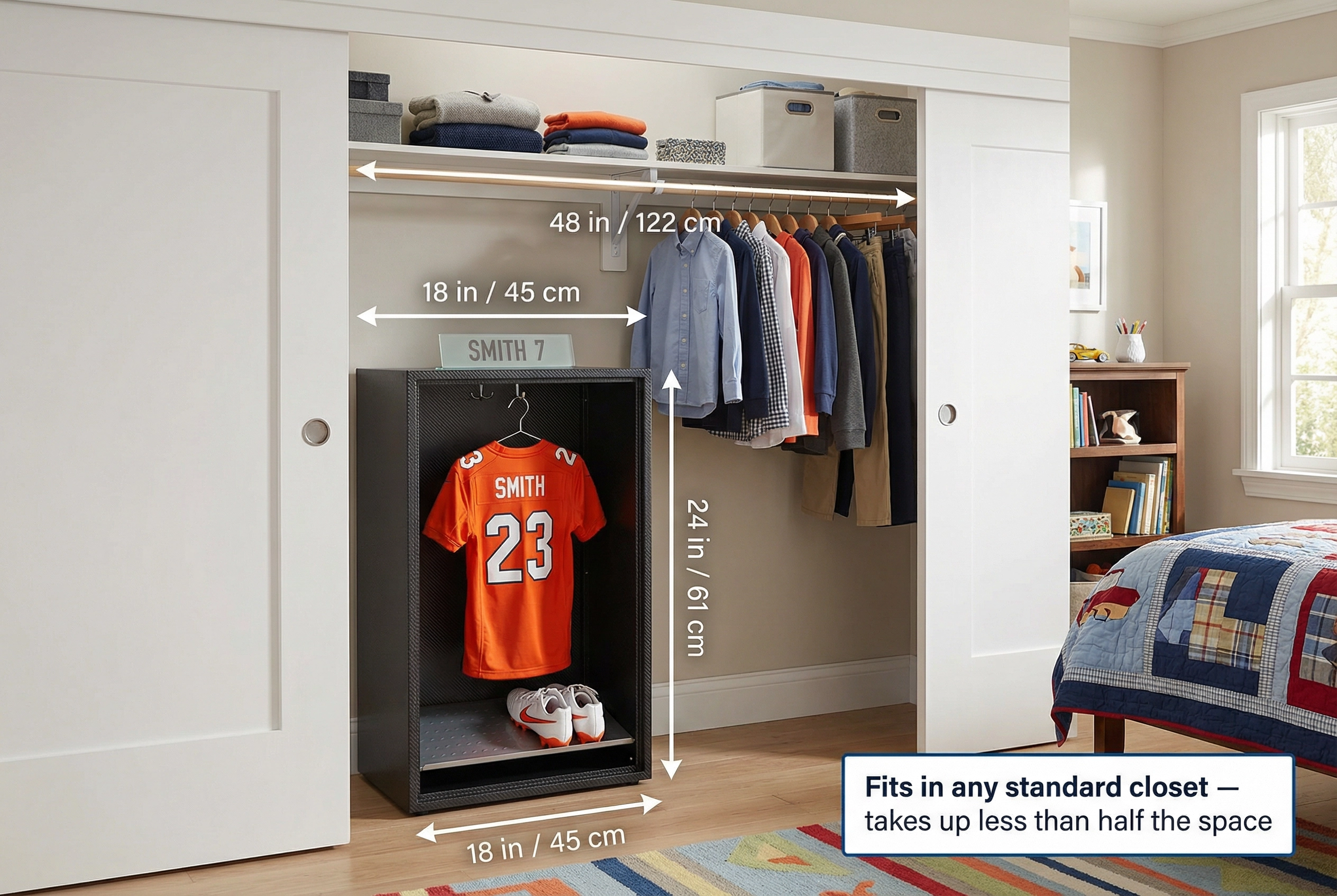 SPORTKLOZ locker inside a standard children's closet showing dimension annotations — 18 inches wide, 24 inches tall, fits in less than half a 48-inch closet