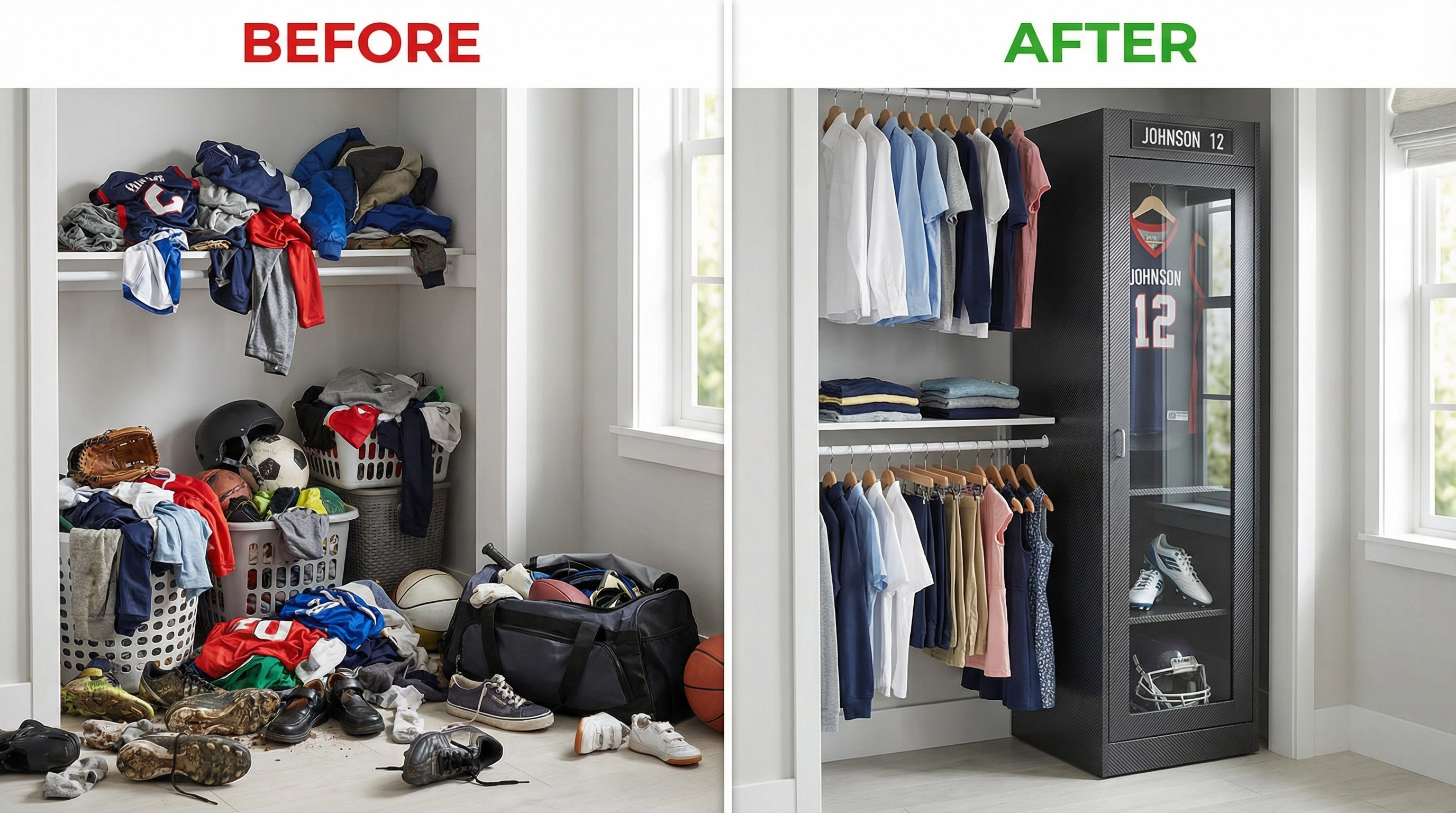 Before and after comparison — messy chaotic closet with sports gear everywhere vs organized closet with SPORTKLOZ locker