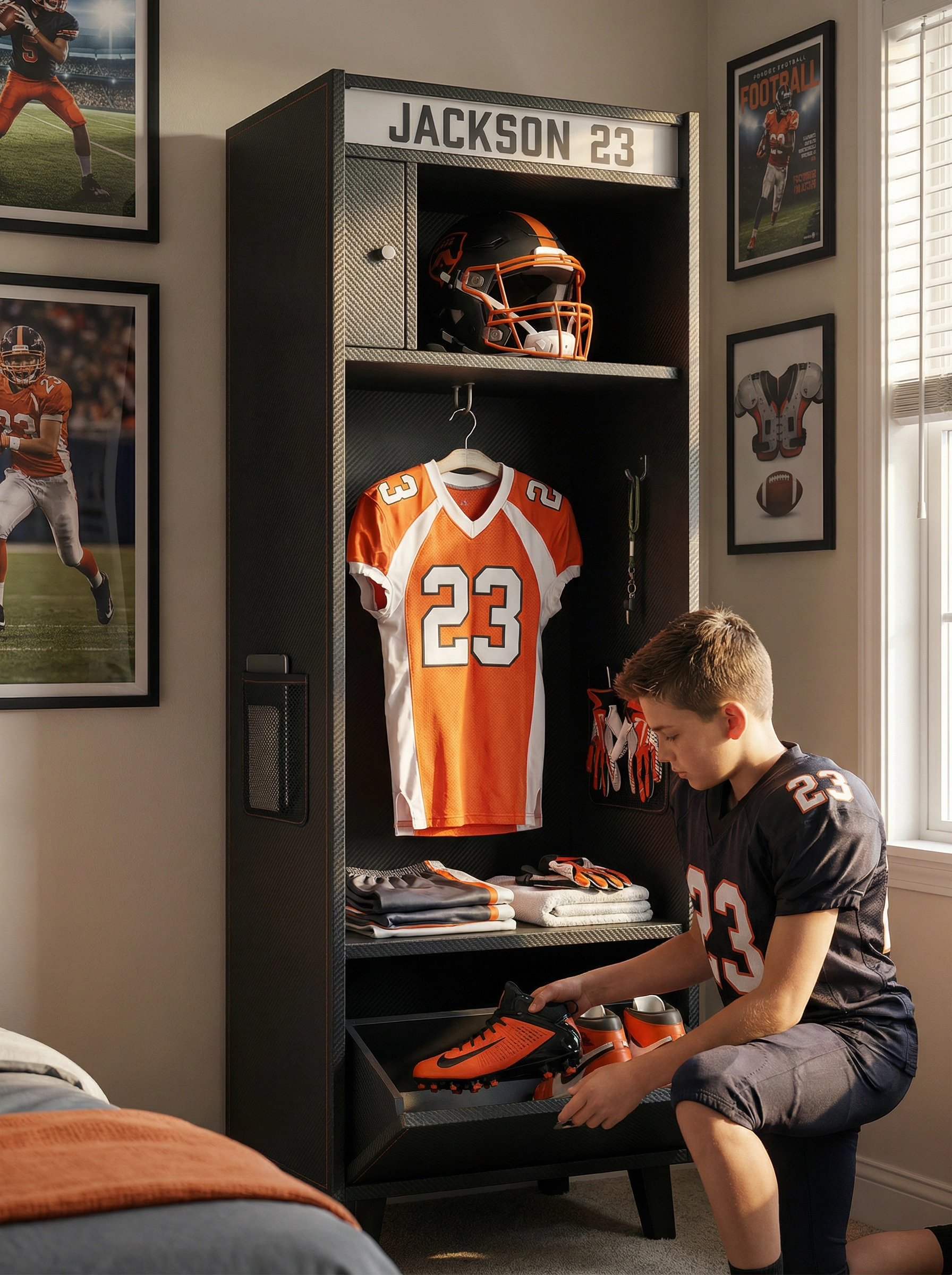 Boy athlete with his SPORTKLOZ locker filled with football and basketball gear