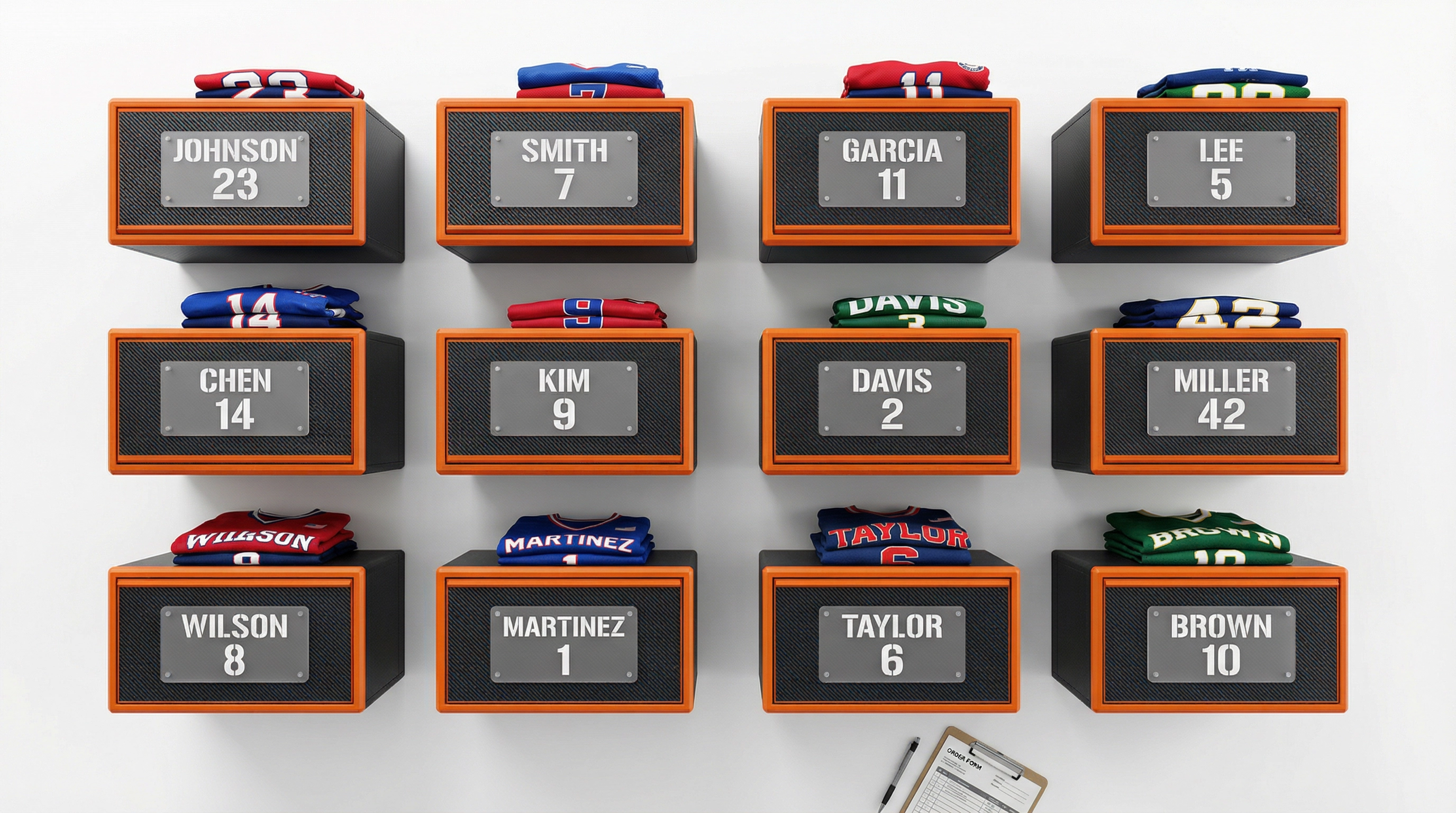 12 SPORTKLOZ lockers personalized for a full team roster