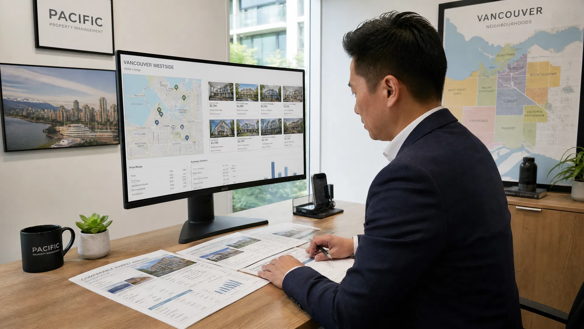 Property manager reviewing comparable market analysis data on a large monitor with Vancouver neighbourhood maps