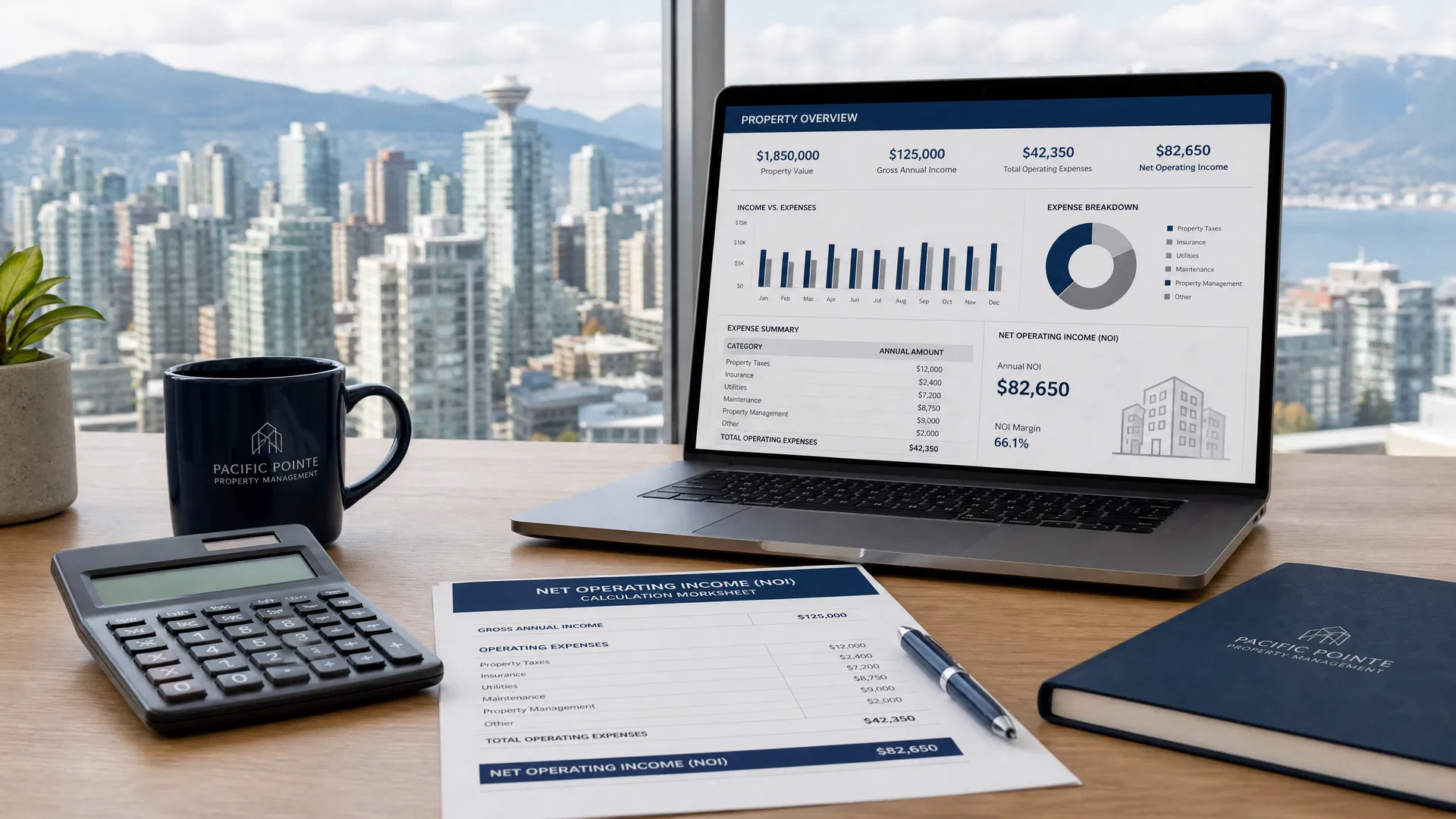 Laptop showing property financial analytics with calculator and NOI worksheet on desk overlooking Vancouver skyline