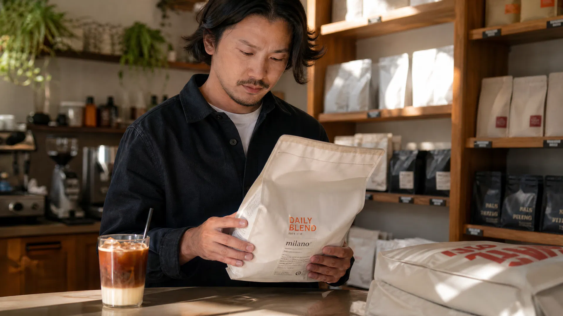 Café owner reviewing Vietnamese Robusta wholesale coffee bags at a Vancouver BC coffee shop — wholesale Vietnamese coffee Canada