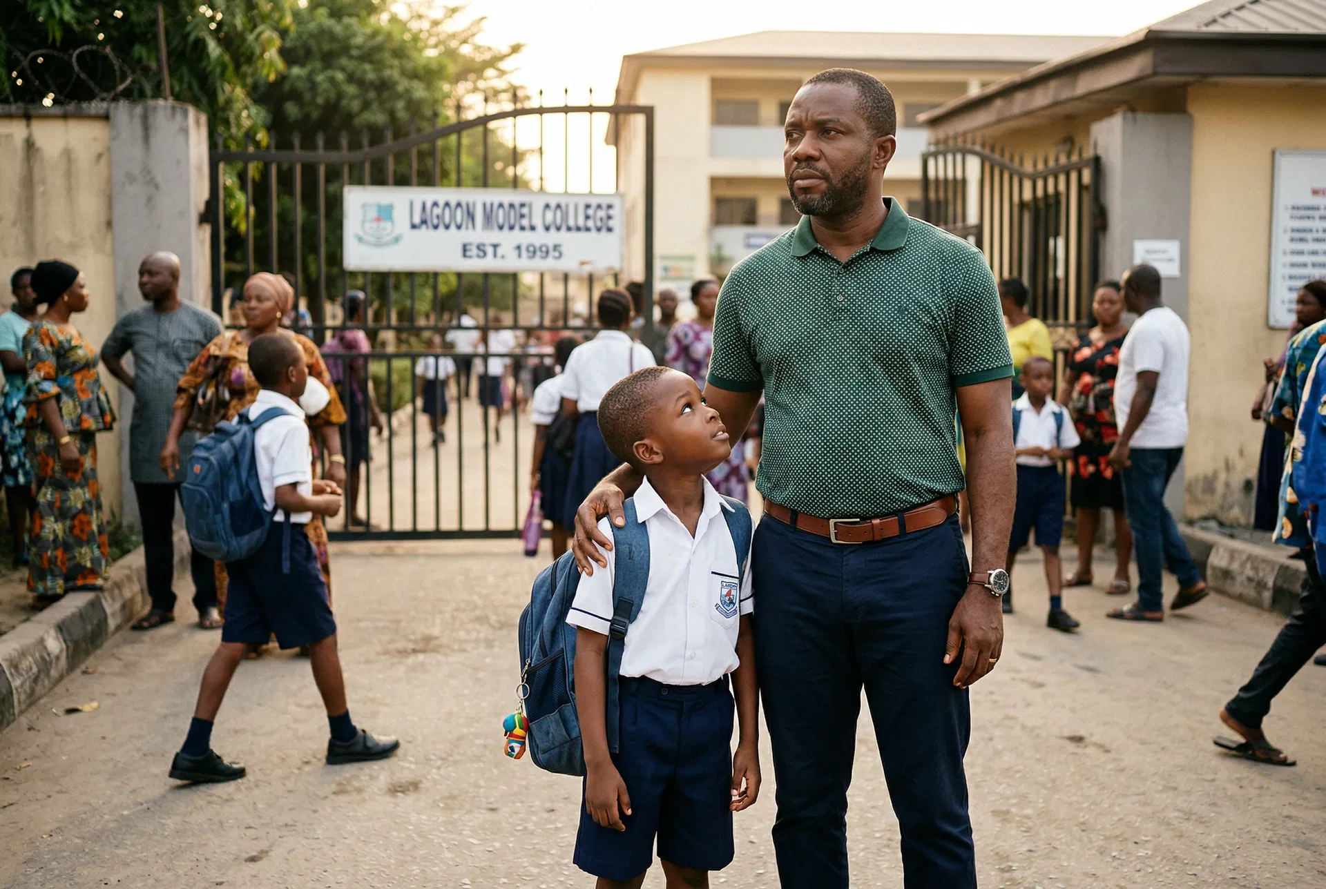 Nigerian father with child outside school gate
