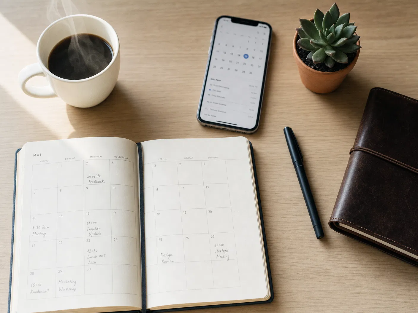 Kalender, Kaffee und Notizbuch – Terminvorbereitung im Büro Frankfurt