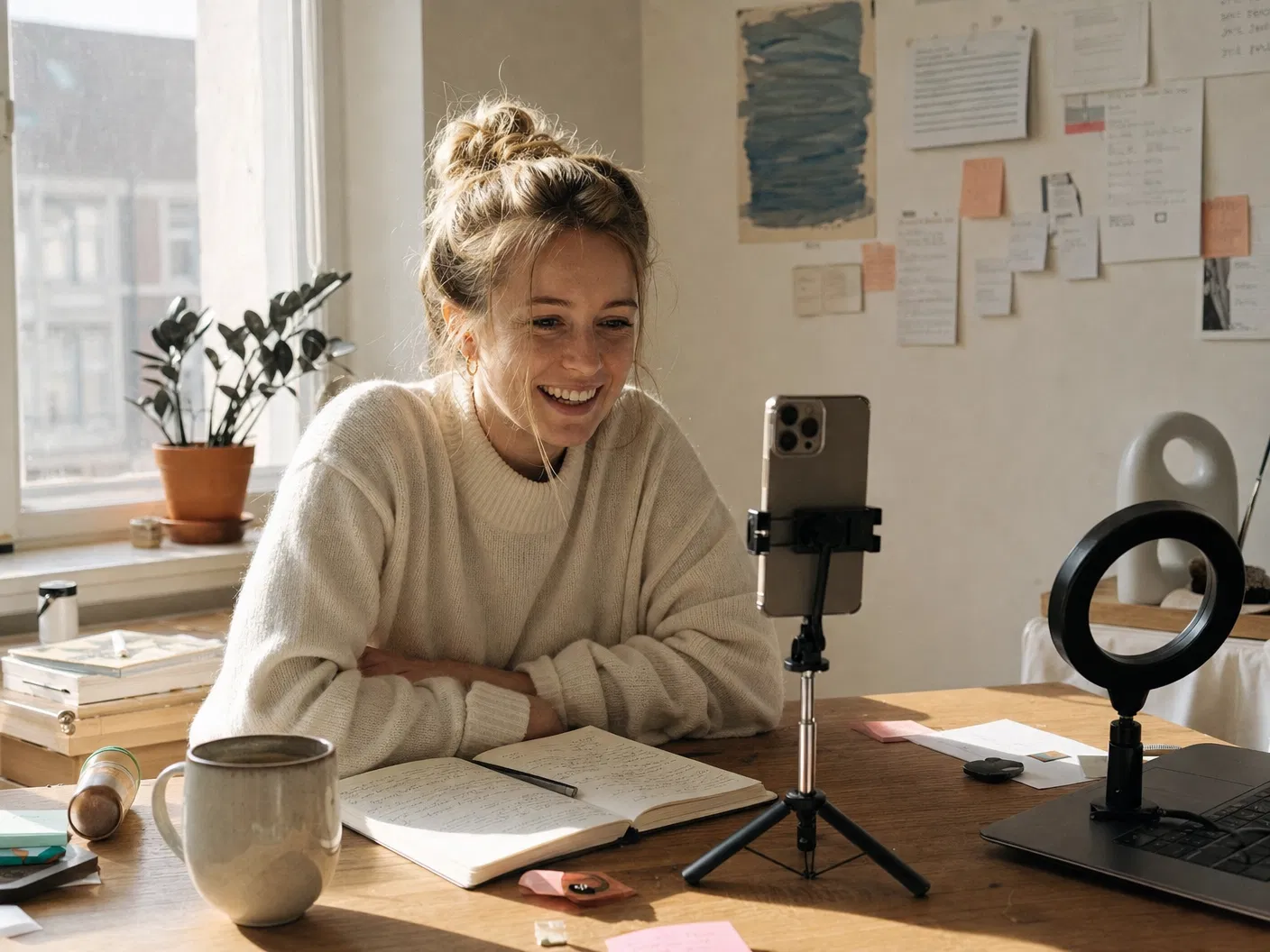 Eine Content-Creatorin nimmt in ihrem Homeoffice ein Reel auf
