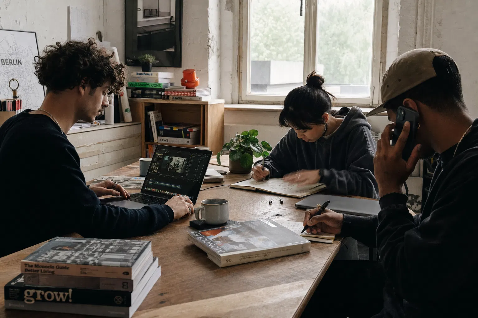 Drei Mitglieder des Kampagnenwerk-Teams in einem Loft-Büro
