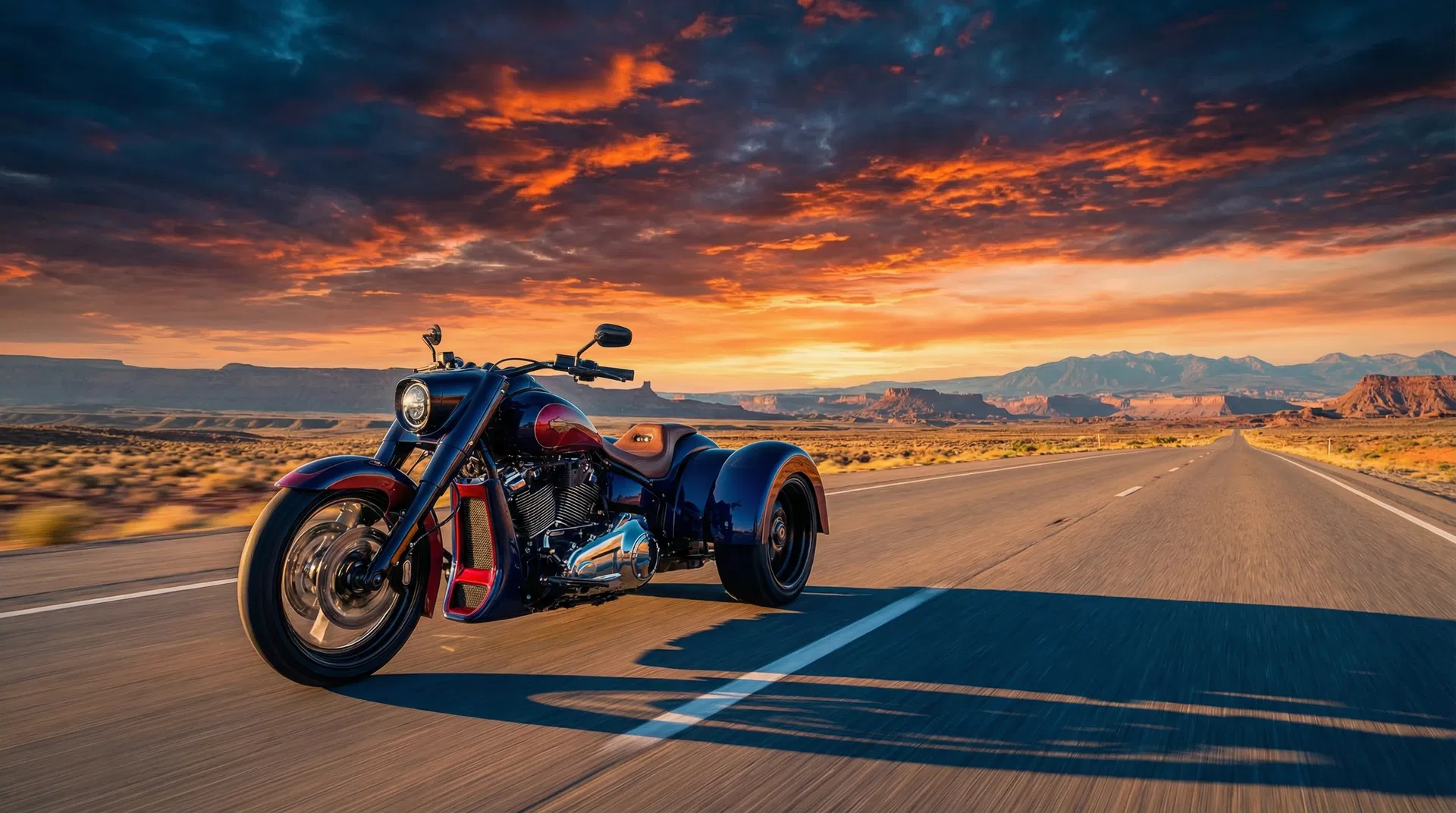 Freedom trike on open highway at sunset