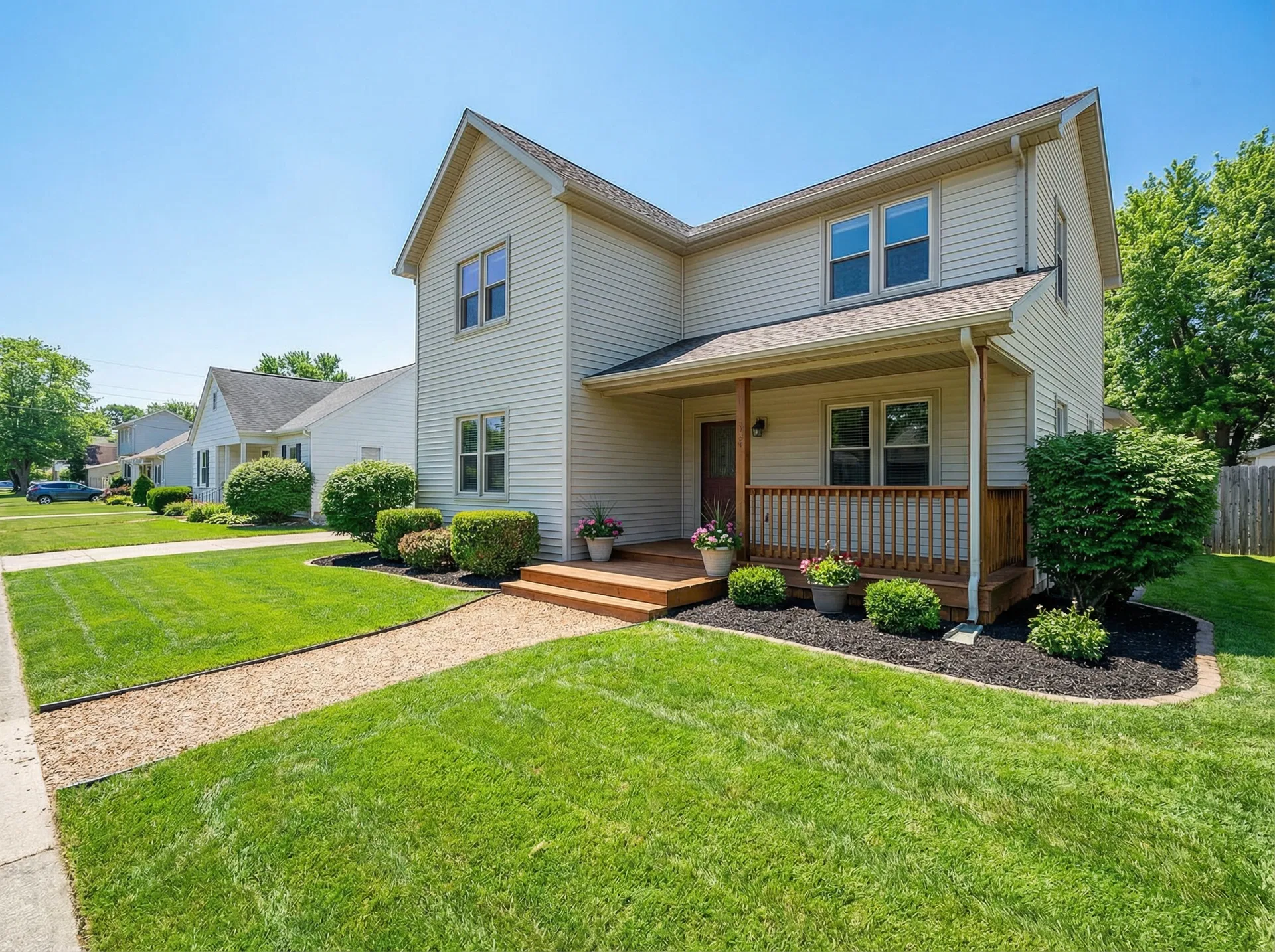 Property after cleanout — clean lawn, repaired porch, market-ready