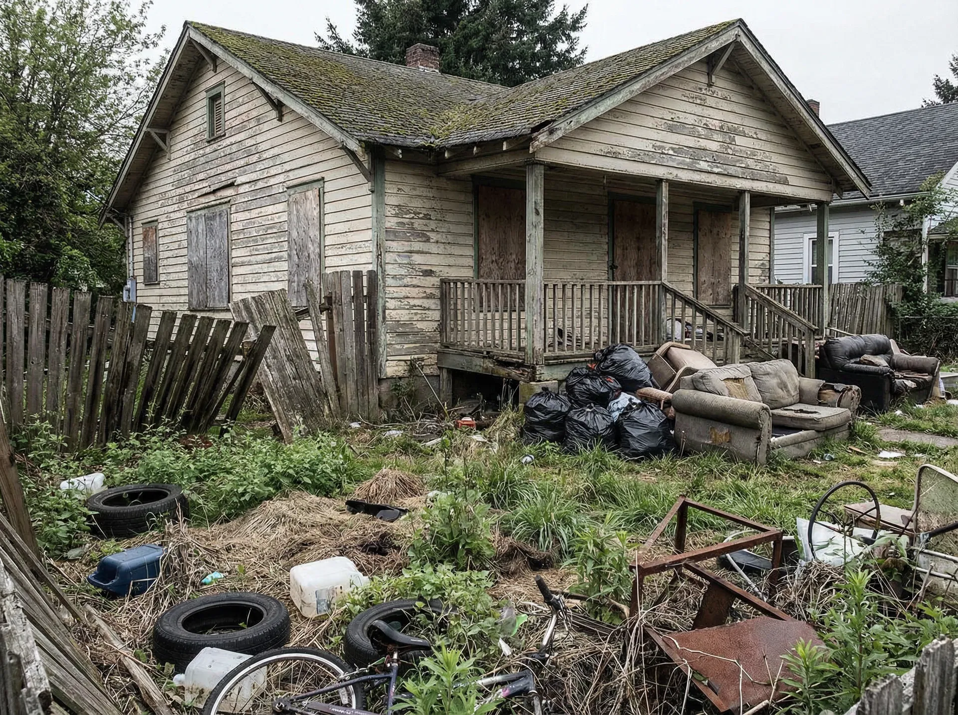 Property before cleanout — overgrown yard, junk, debris
